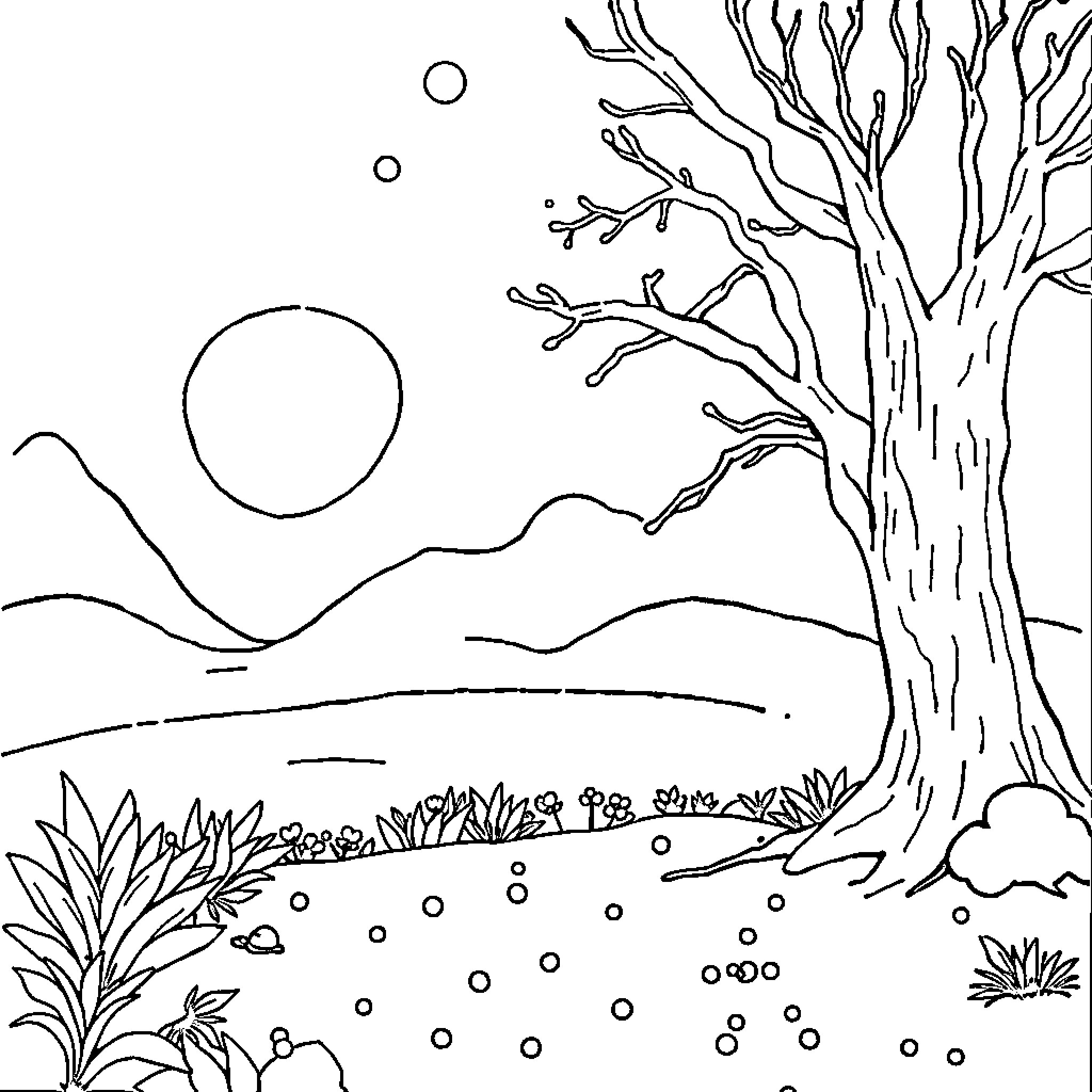 Dot to Dot: Serene Winter Landscape Coloring Page (free black-and-white line drawing printable PDF for all, from beginners to advanced learners, including children, teens, adults, and seniors)