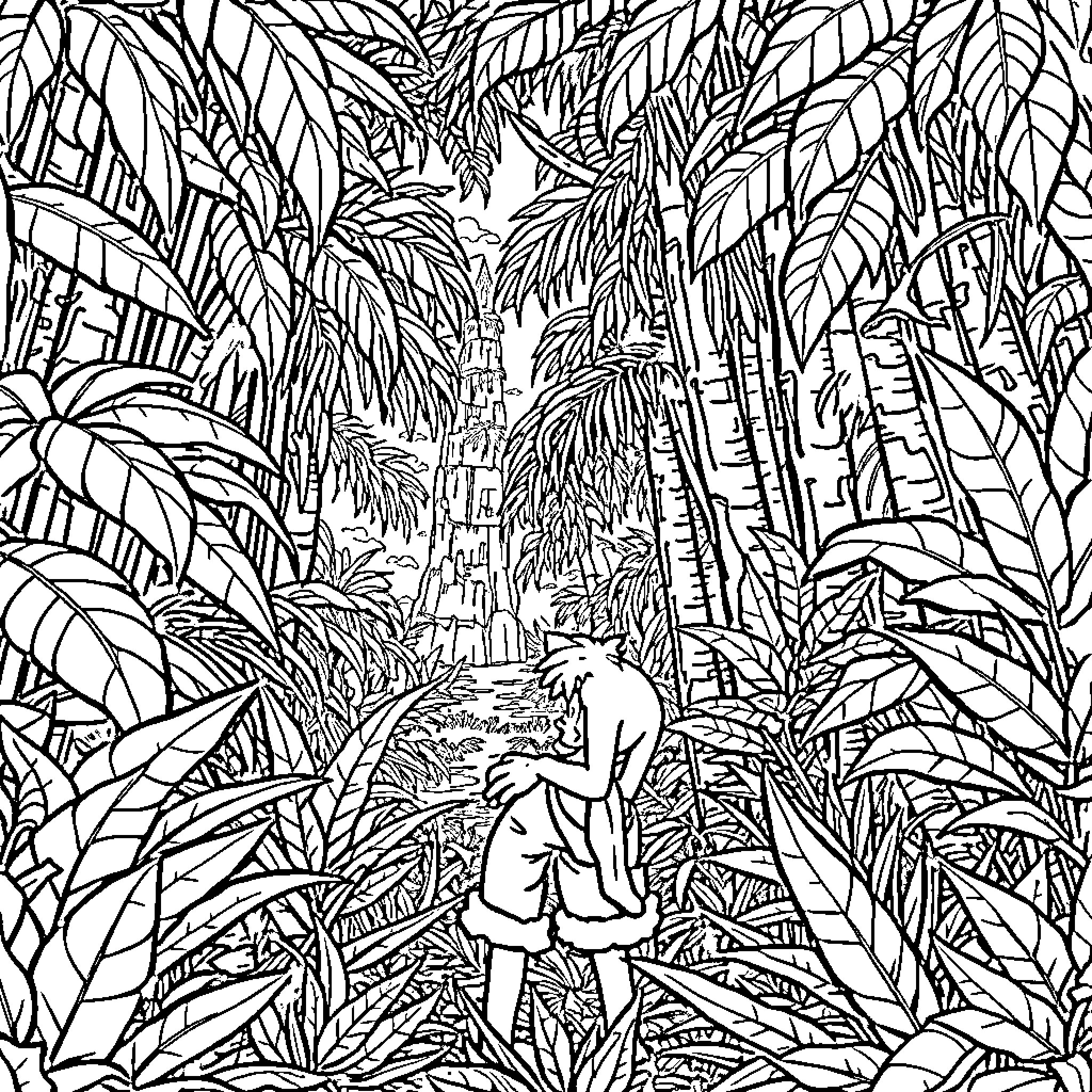 Luffy exploring the lush tropical jungle Coloring Page (free black-and-white line drawing printable PDF for all, from beginners to advanced learners, including children, teens, adults, and seniors)