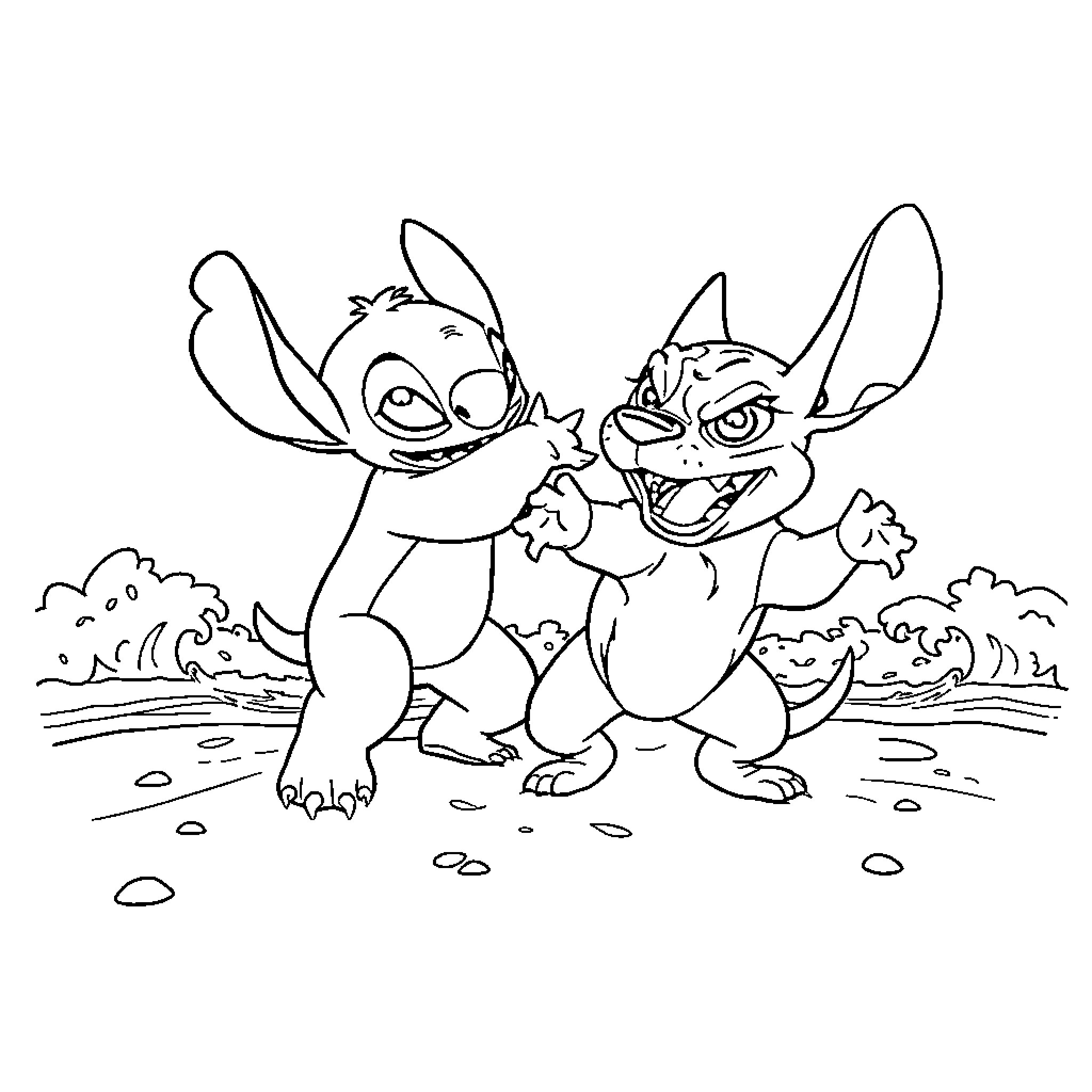 Stitch and Lilo playing outdoors Coloring Page (free black-and-white line drawing printable PDF for all, from beginners to advanced learners, including children, teens, adults, and seniors)