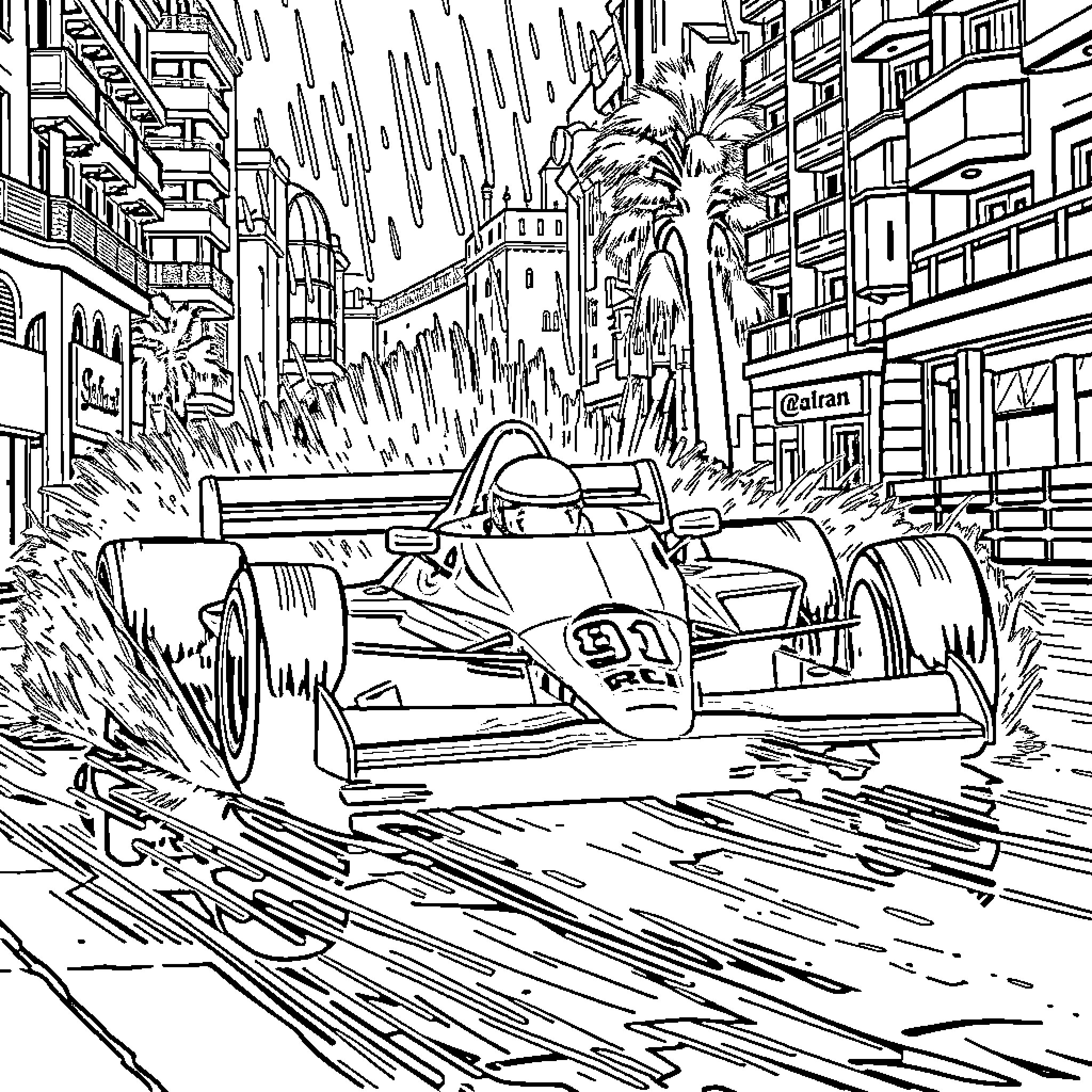 Senna racing through the bustling city streets Coloring Page (free black-and-white line drawing printable PDF for all, from beginners to advanced learners, including children, teens, adults, and seniors)