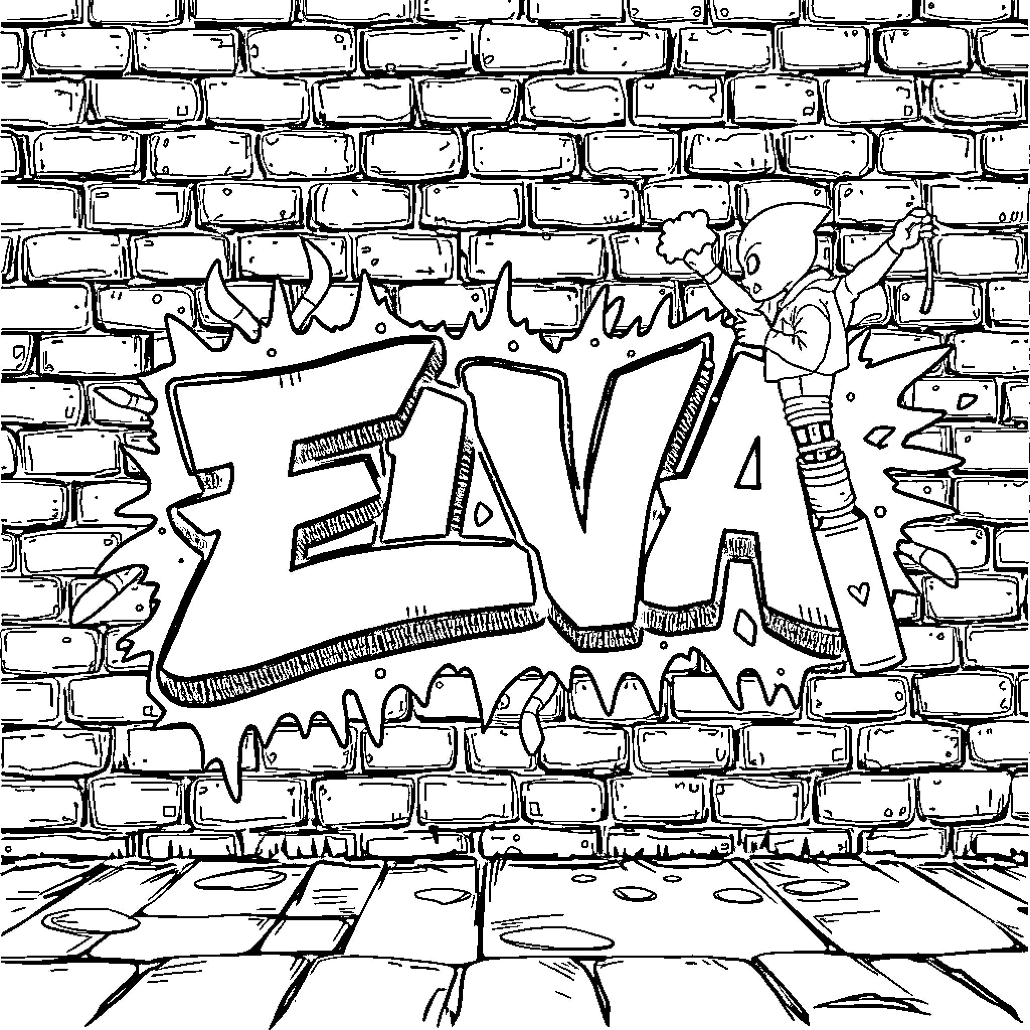 Demon Hunter graffiti on the urban wall Coloring Page (free black-and-white line drawing printable PDF for all, from beginners to advanced learners, including children, teens, adults, and seniors)