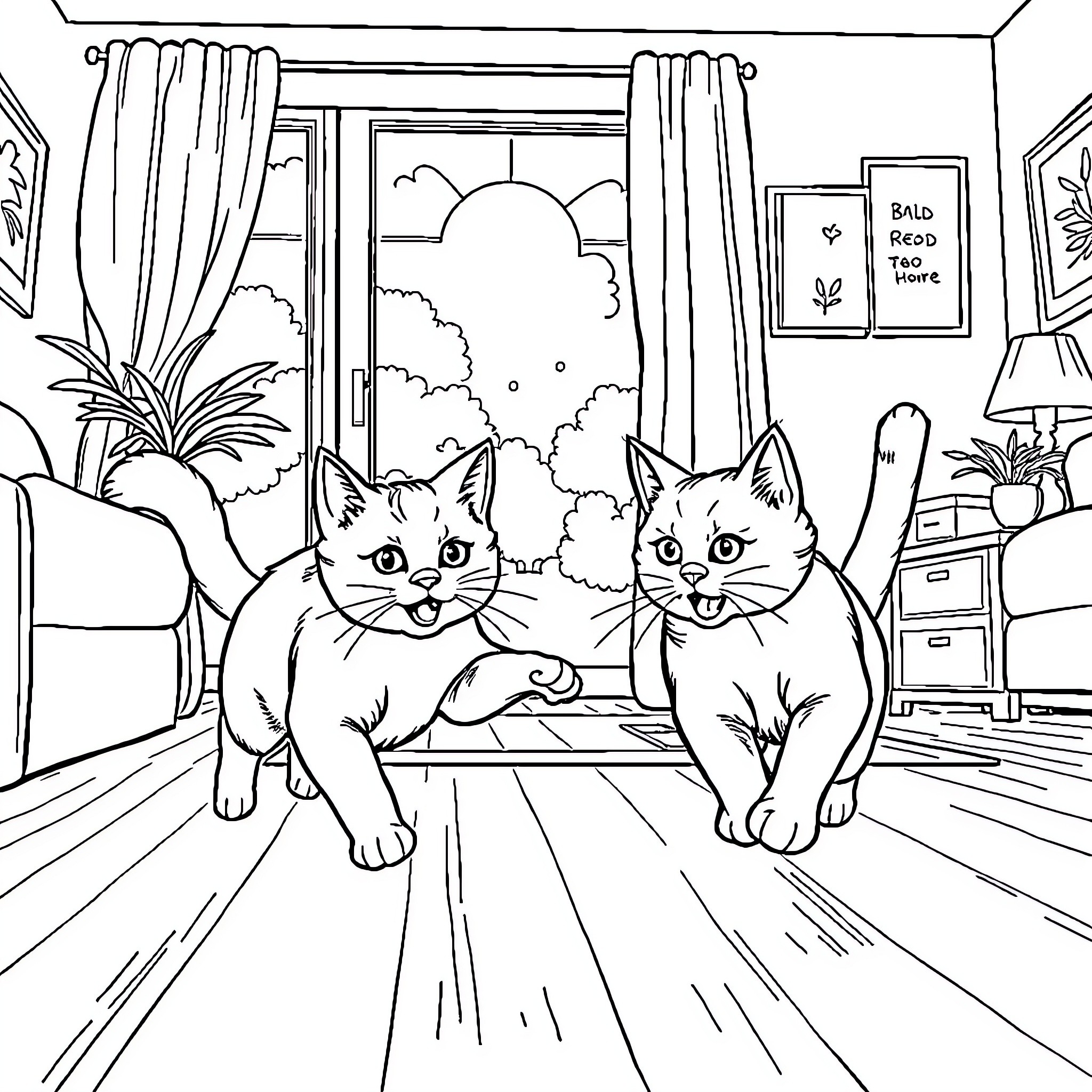 Cats Relaxing in Cozy Room Coloring Page (free black-and-white line drawing printable PDF for all, from beginners to advanced learners, including children, teens, adults, and seniors)