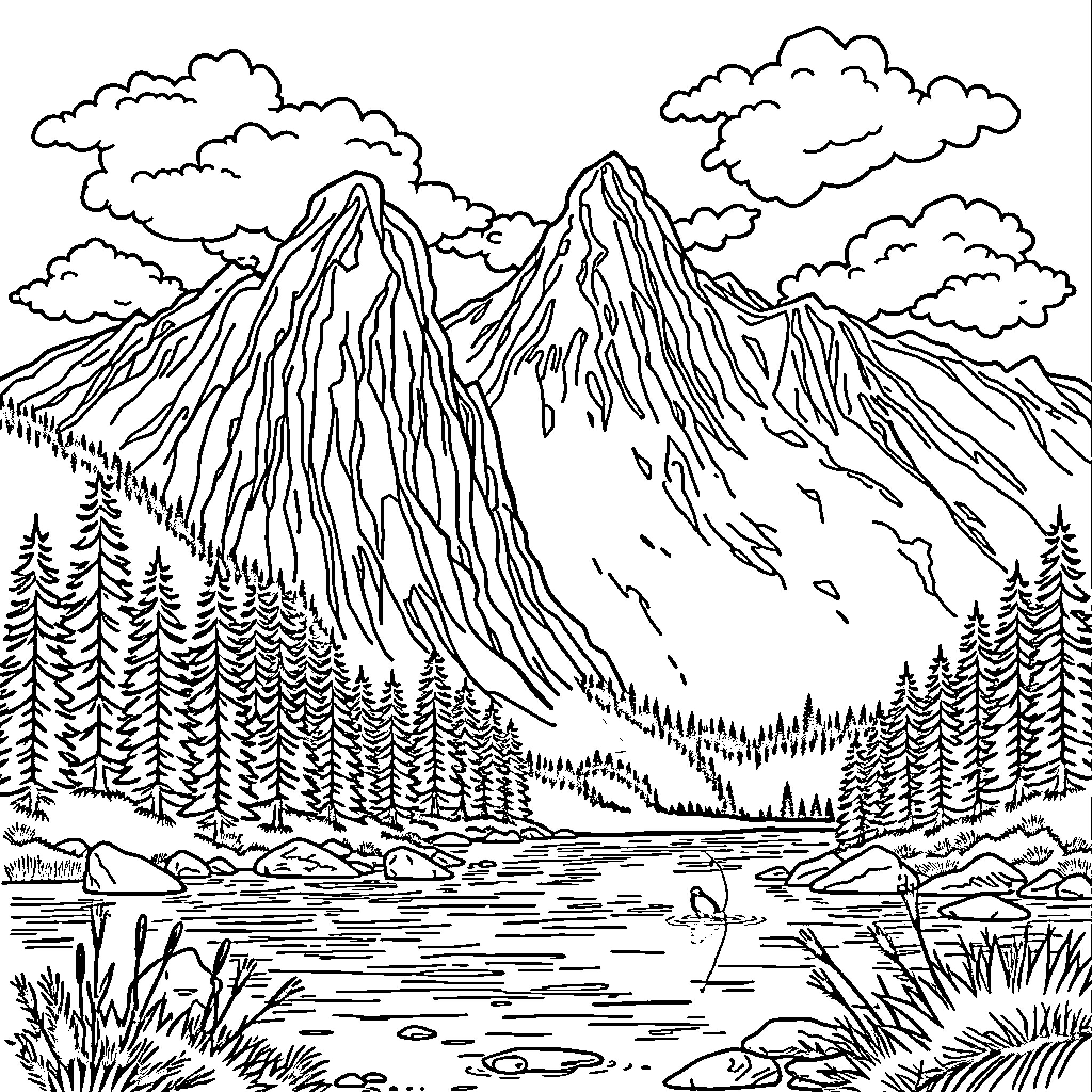 Mountain landscape with serene lake and wildlife Coloring Page (free black-and-white line drawing printable PDF for all, from beginners to advanced learners, including children, teens, adults, and seniors)