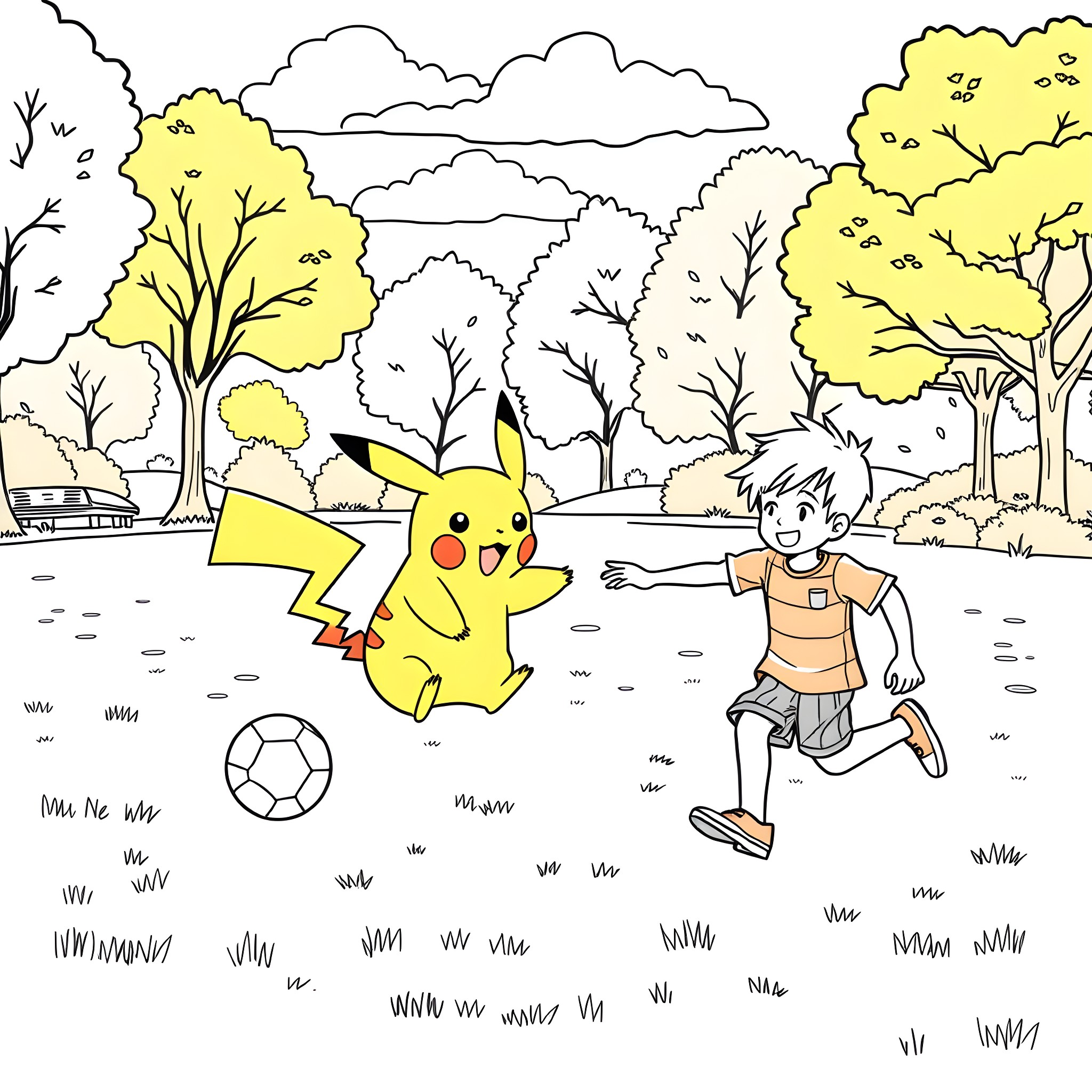 Pikachu playing soccer with a young boy in the park Coloring Page (free black-and-white line drawing printable PDF for all, from beginners to advanced learners, including children, teens, adults, and seniors)