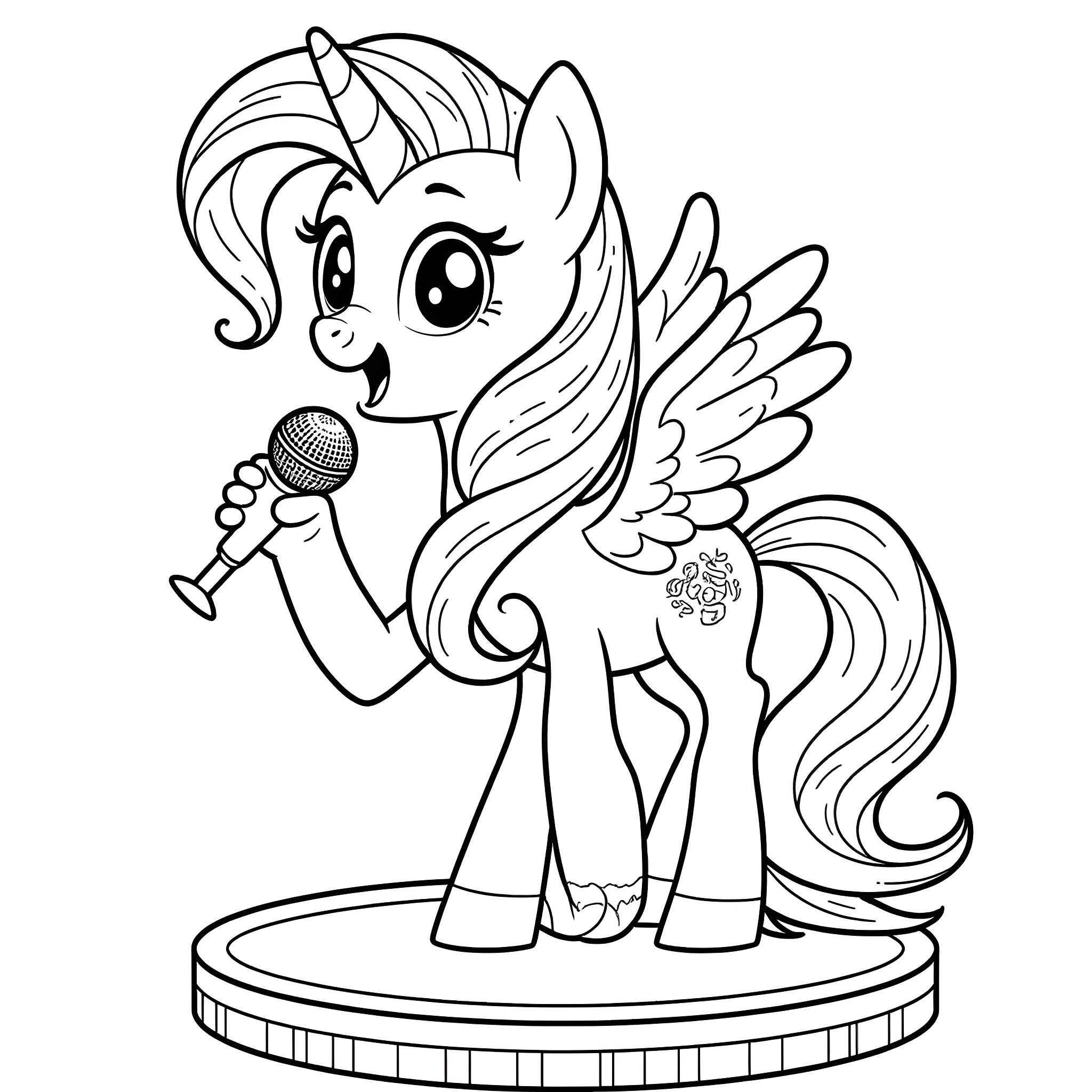 Fluttershy singing on stage with a microphone Coloring Page (free black-and-white line drawing printable PDF for all, from beginners to advanced learners, including children, teens, adults, and seniors)