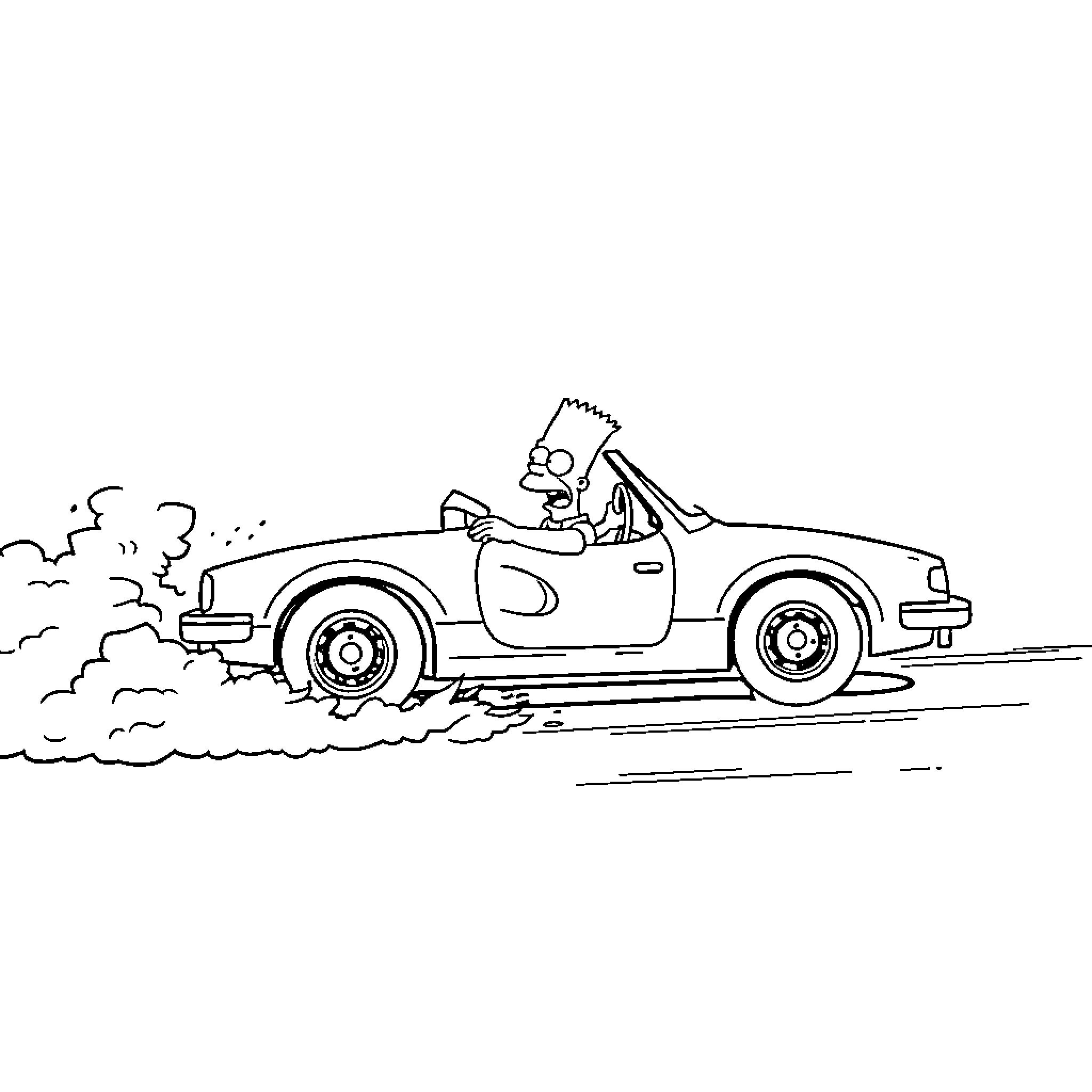 Simpson driving classic convertible car Coloring Page (free black-and-white line drawing printable PDF for all, from beginners to advanced learners, including children, teens, adults, and seniors)