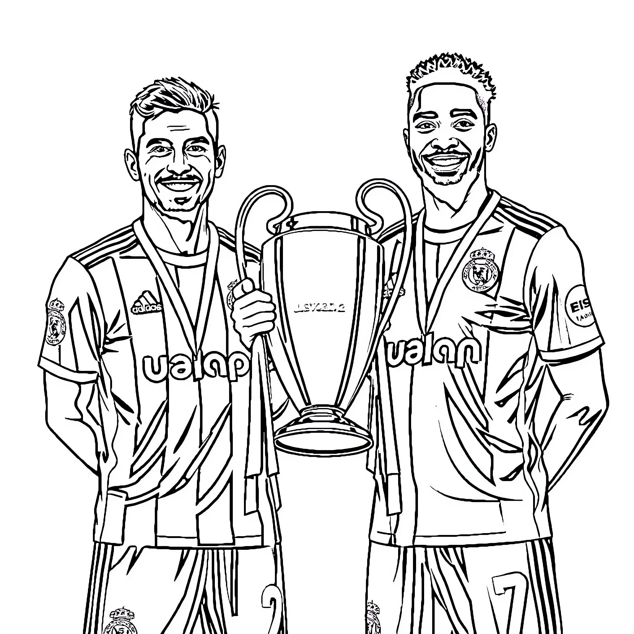 Carlos Alcaraz and teammate holding Champions League trophy Coloring Page (free black-and-white line drawing printable PDF for all, from beginners to advanced learners, including children, teens, adults, and seniors)