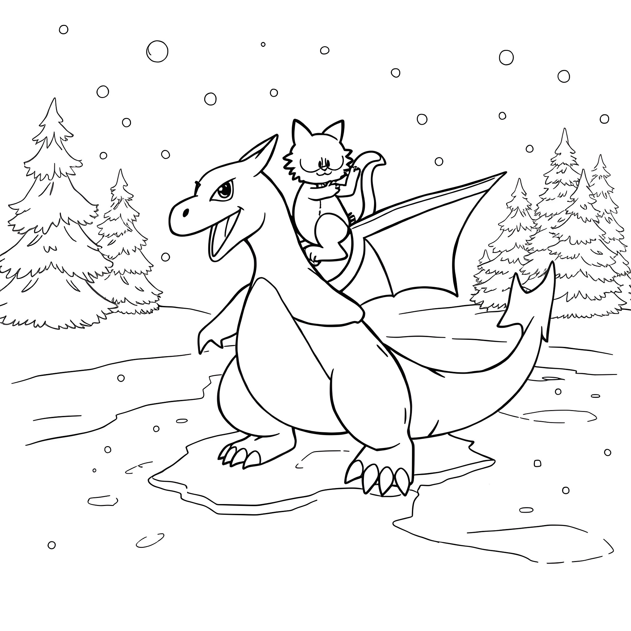 Charizard and its Companion Explore the Snowy Landscape Coloring Page (free black-and-white line drawing printable PDF for all, from beginners to advanced learners, including children, teens, adults, and seniors)
