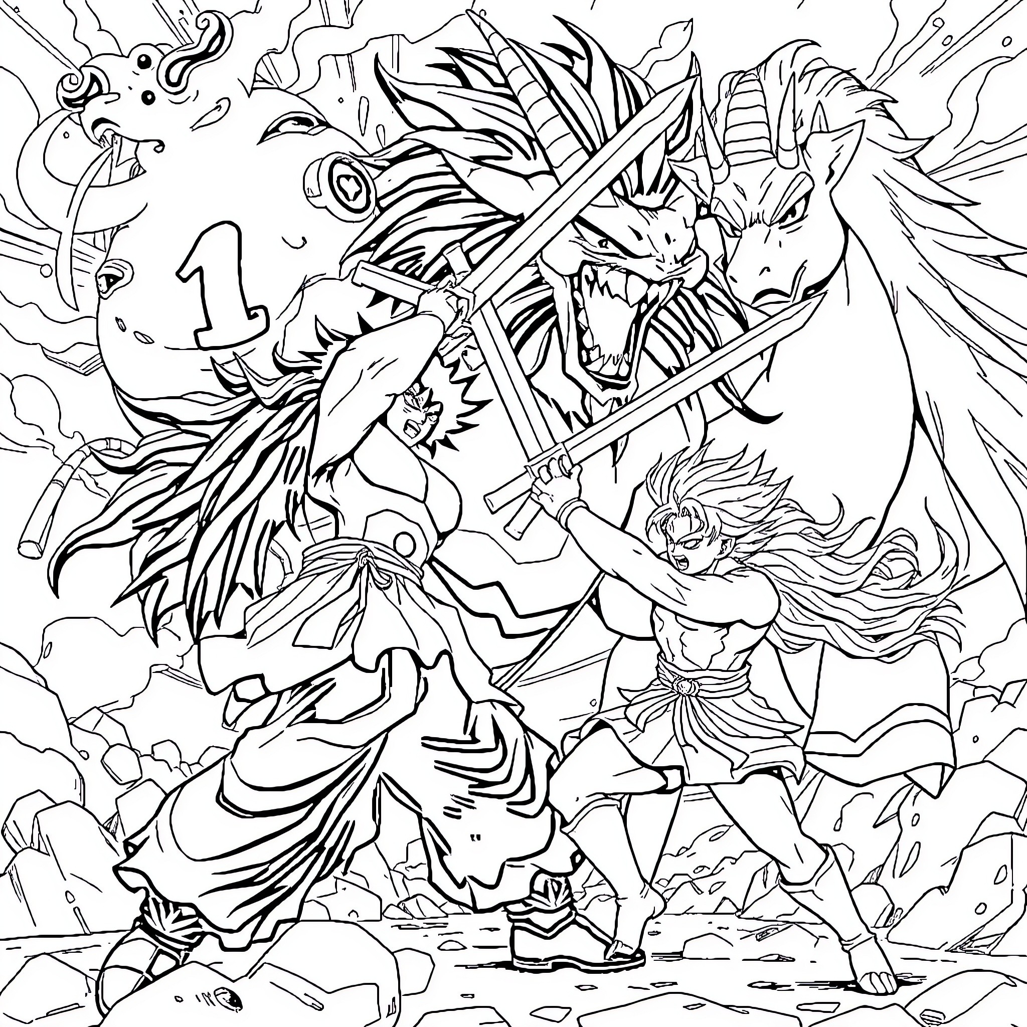 Broly unleashes his fury in an epic battle Coloring Page (free black-and-white line drawing printable PDF for all, from beginners to advanced learners, including children, teens, adults, and seniors)