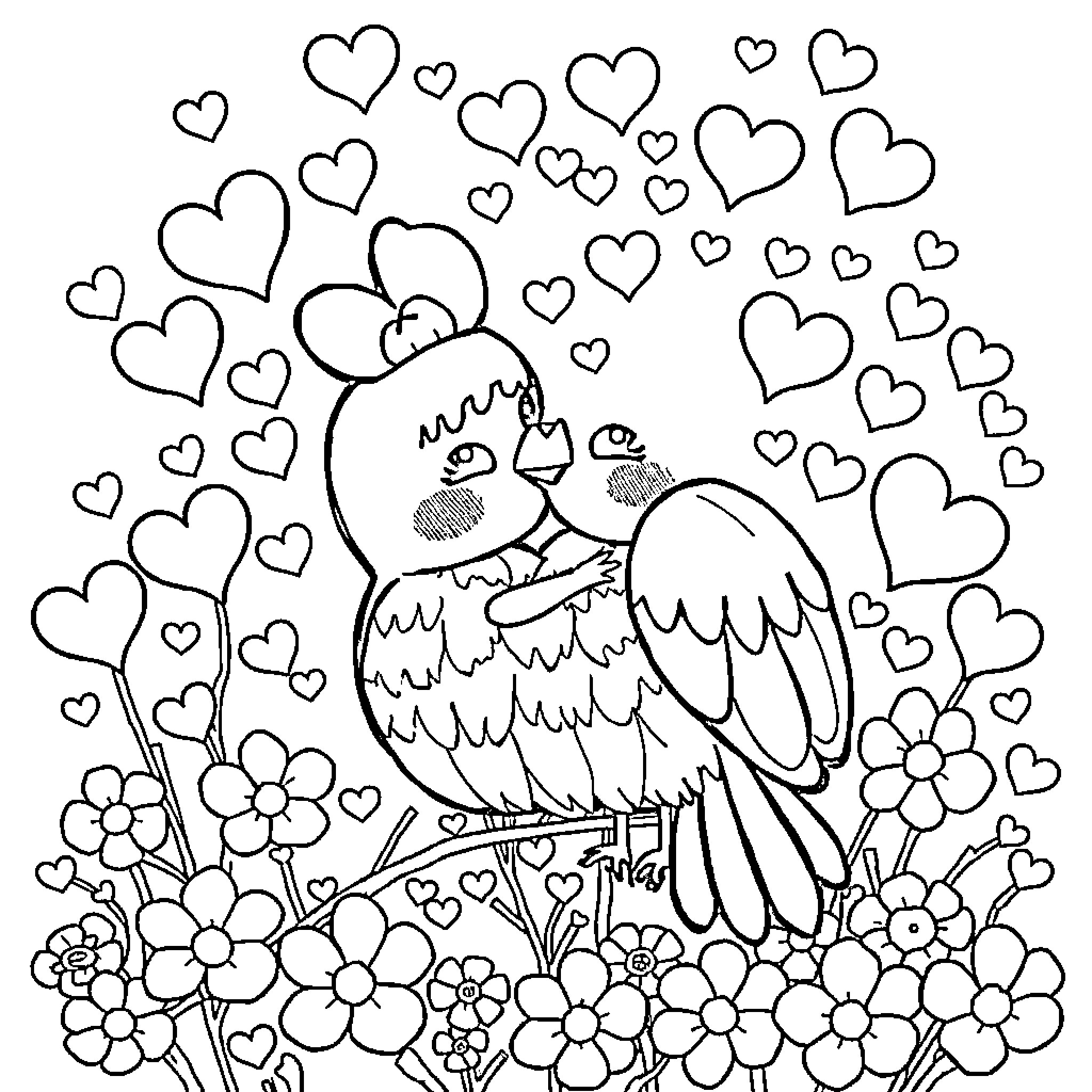 Labubu's loving hearts and blooming flowers Coloring Page (free black-and-white line drawing printable PDF for all, from beginners to advanced learners, including children, teens, adults, and seniors)