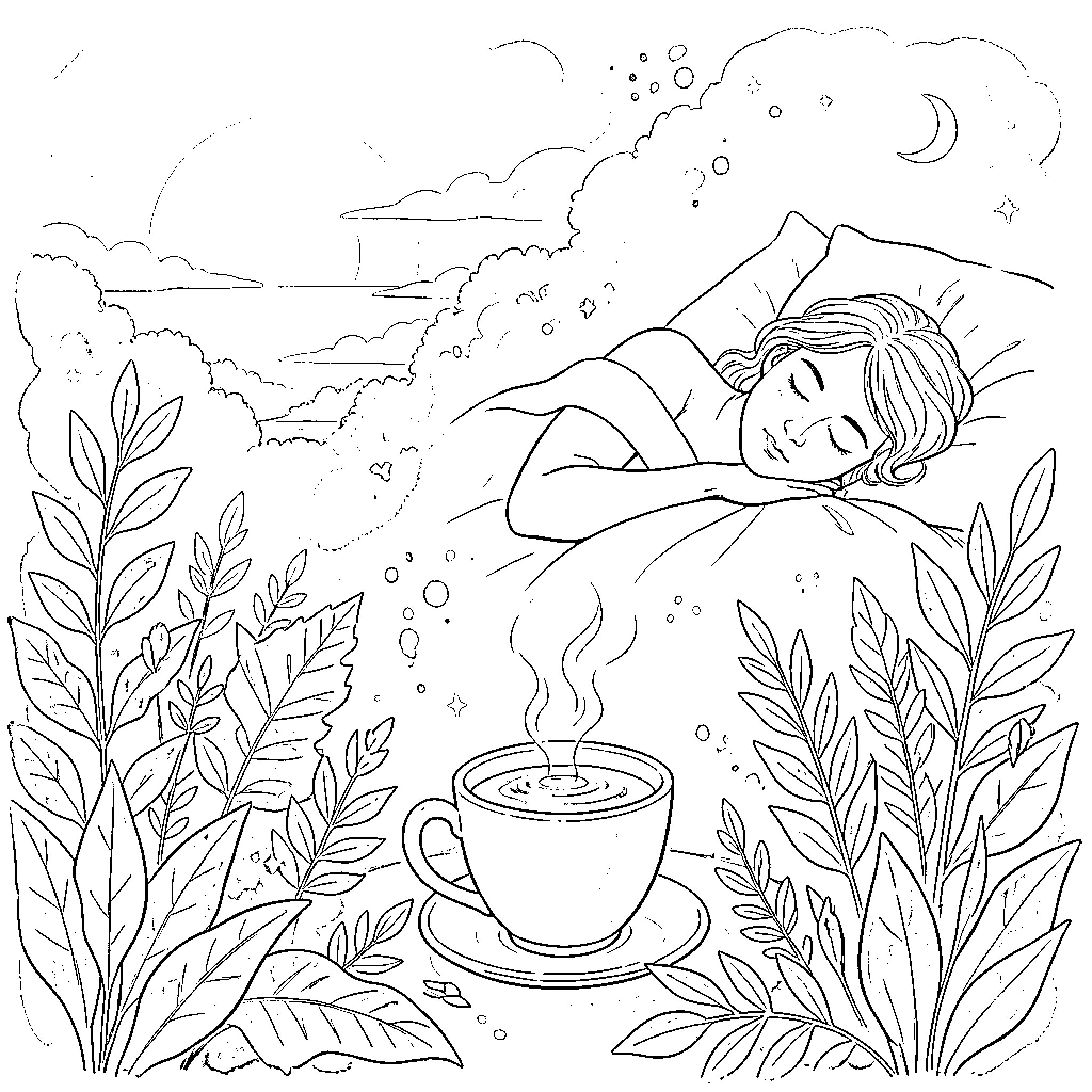 Bienestar: Peaceful Moment in the Outdoors Coloring Page (free black-and-white line drawing printable PDF for all, from beginners to advanced learners, including children, teens, adults, and seniors)