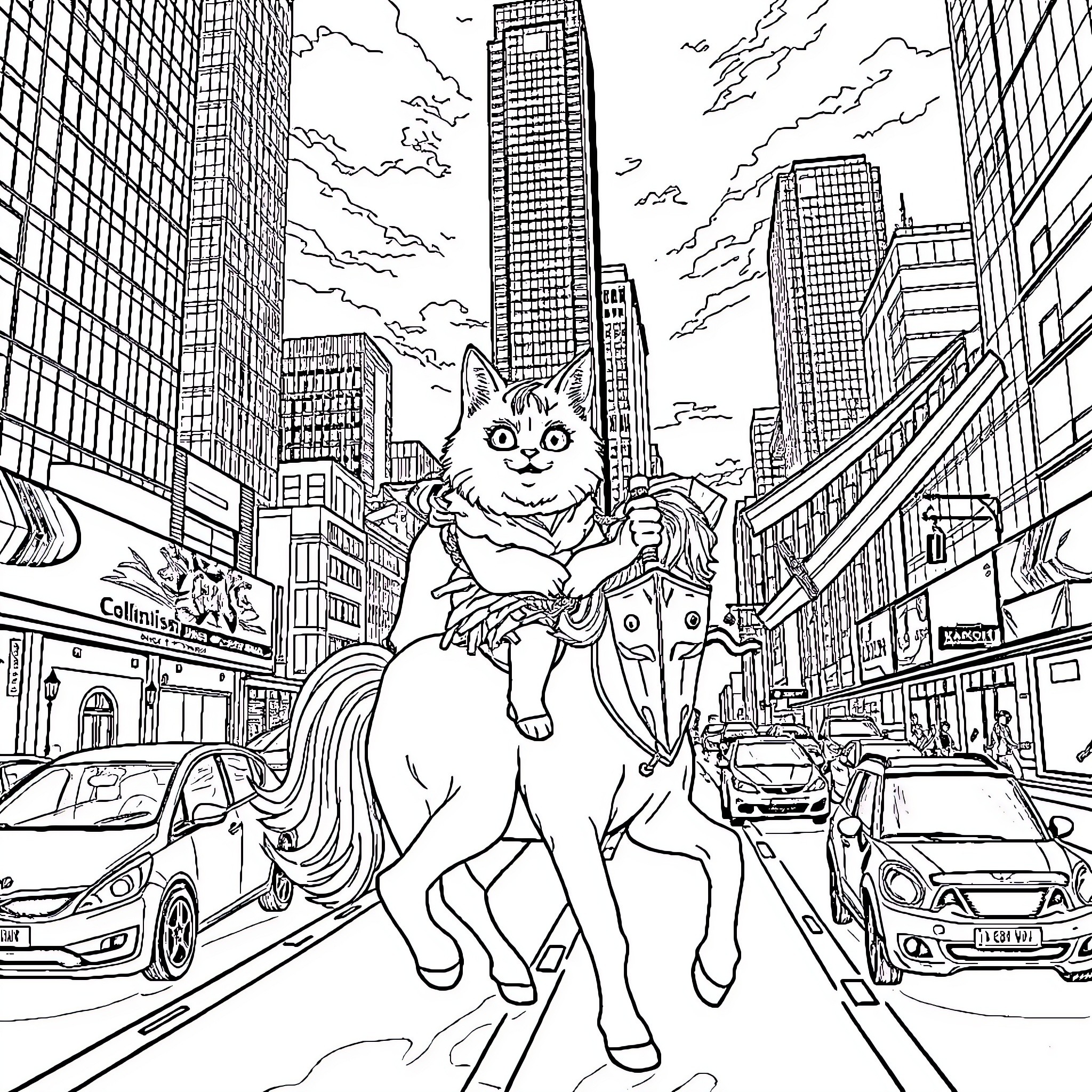 Cat exploring the bustling city streets Coloring Page (free black-and-white line drawing printable PDF for all, from beginners to advanced learners, including children, teens, adults, and seniors)