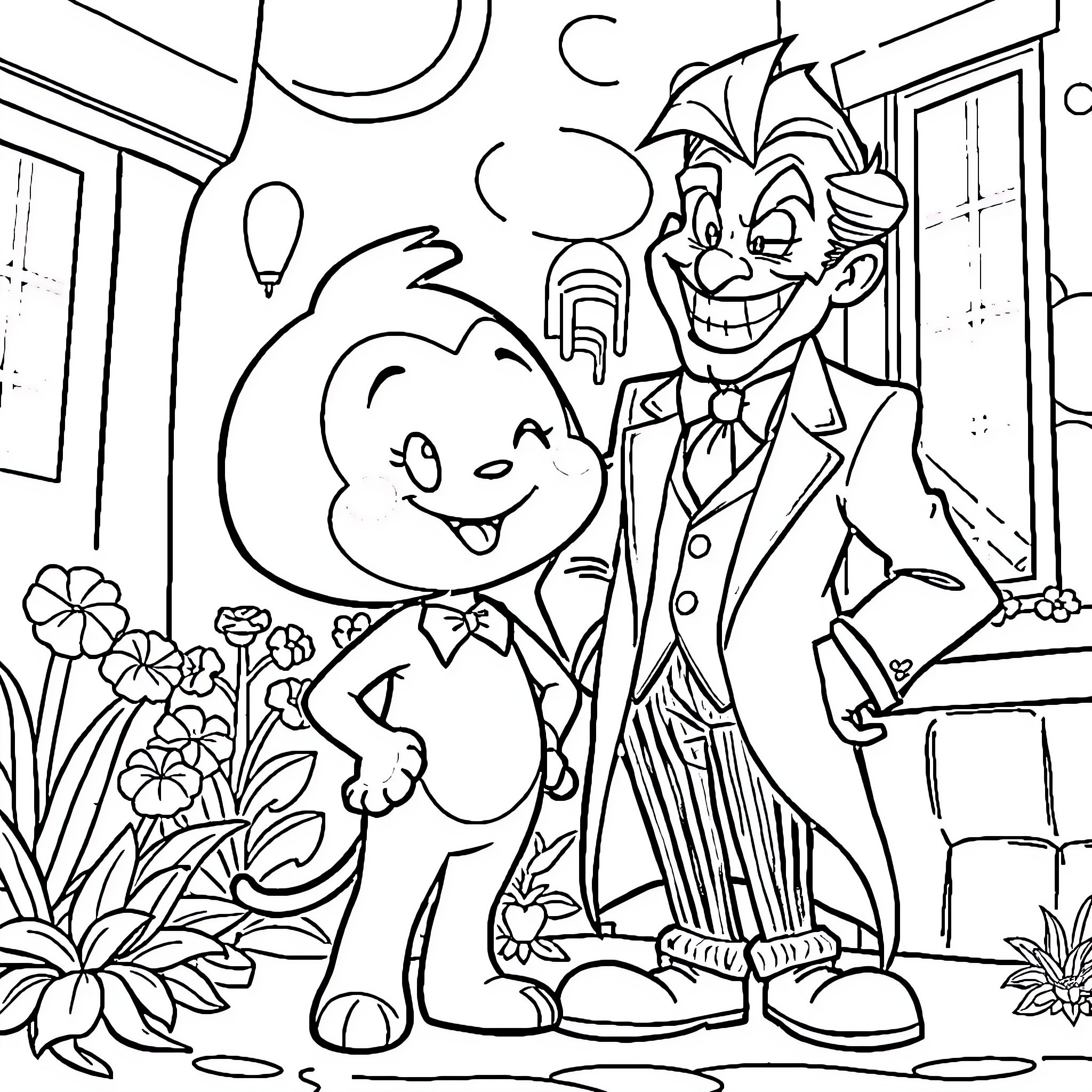 Curomi characters in a whimsical indoor scene Coloring Page (free black-and-white line drawing printable PDF for all, from beginners to advanced learners, including children, teens, adults, and seniors)
