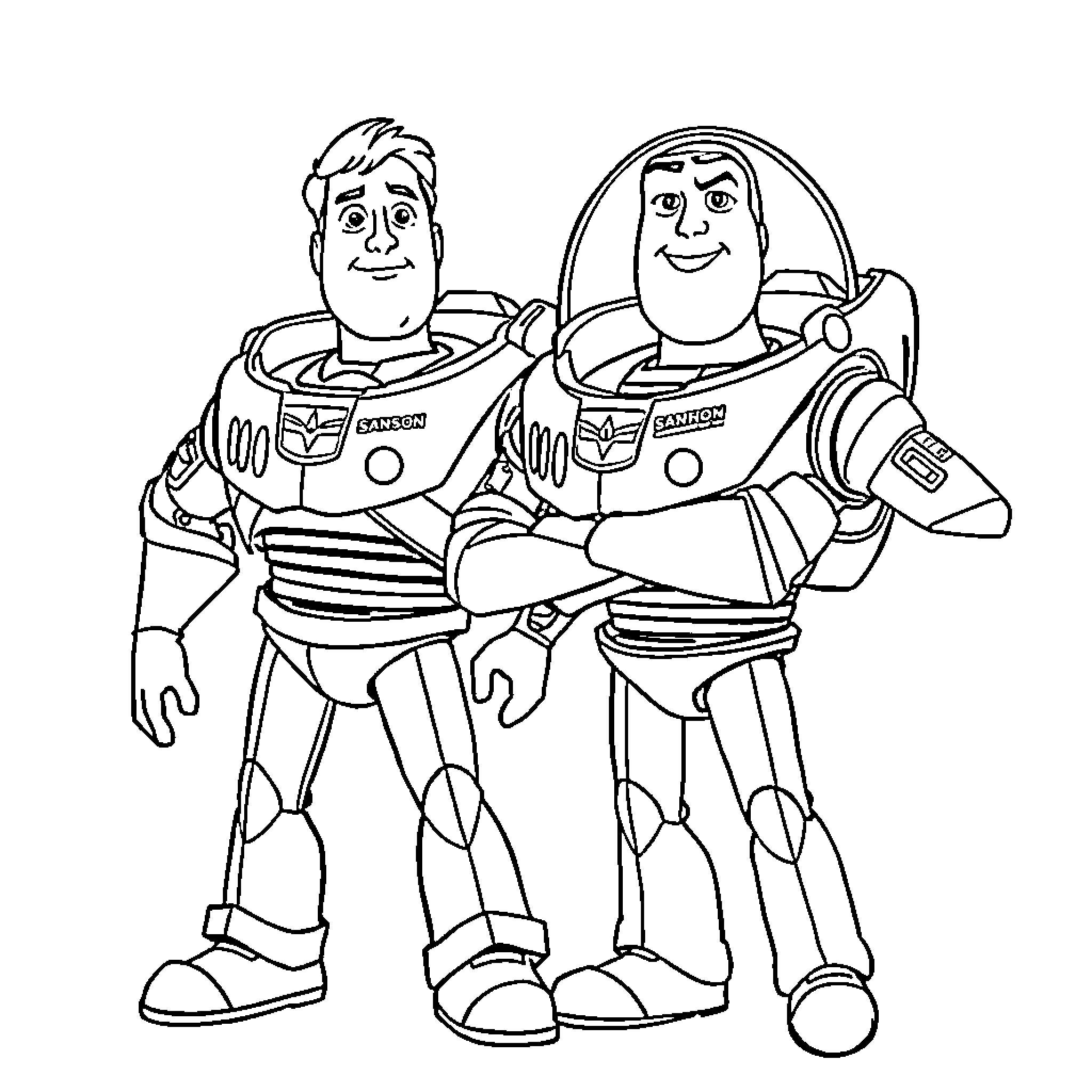 Buzz Lightyear and Woody in space suit adventure Coloring Page (free black-and-white line drawing printable PDF for all, from beginners to advanced learners, including children, teens, adults, and seniors)