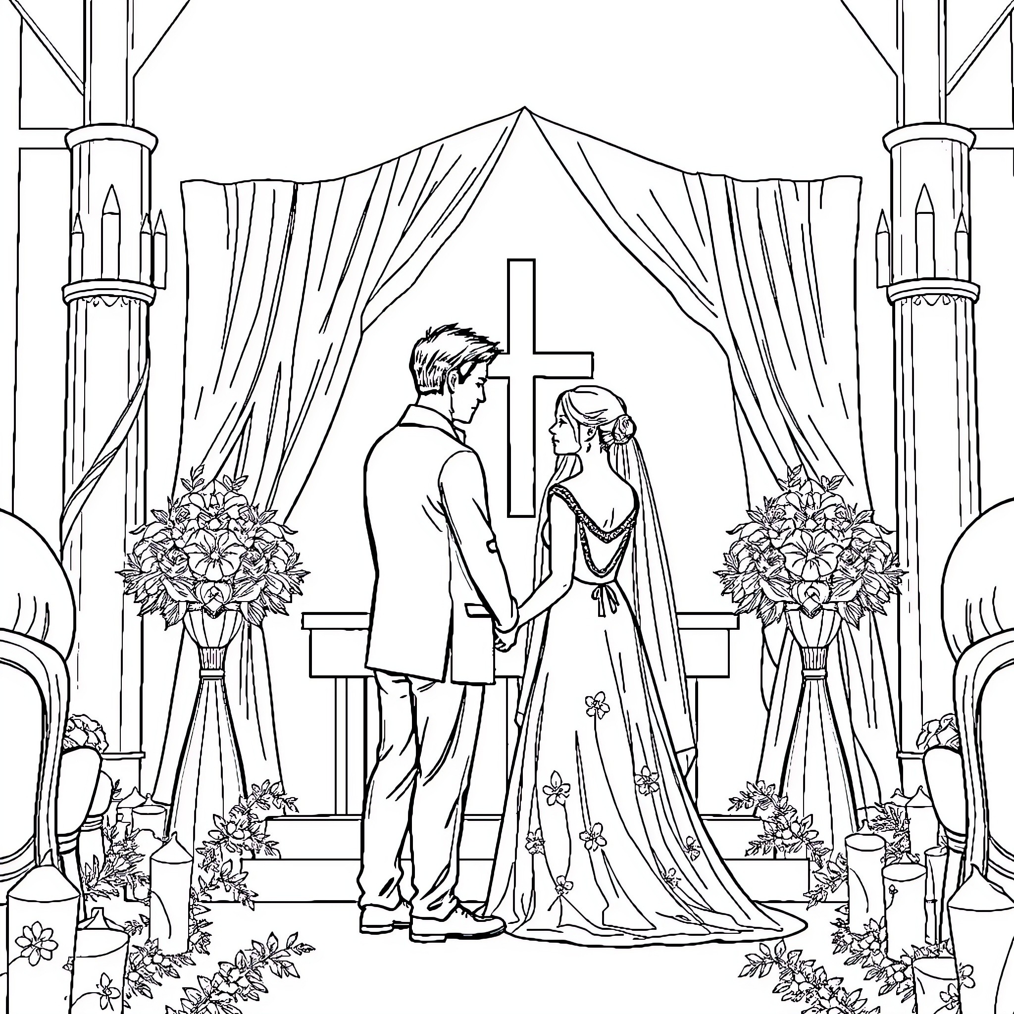 Man and Woman Exchanging Vows in Church Wedding Ceremony Coloring Page (free black-and-white line drawing printable PDF for all, from beginners to advanced learners, including children, teens, adults, and seniors)