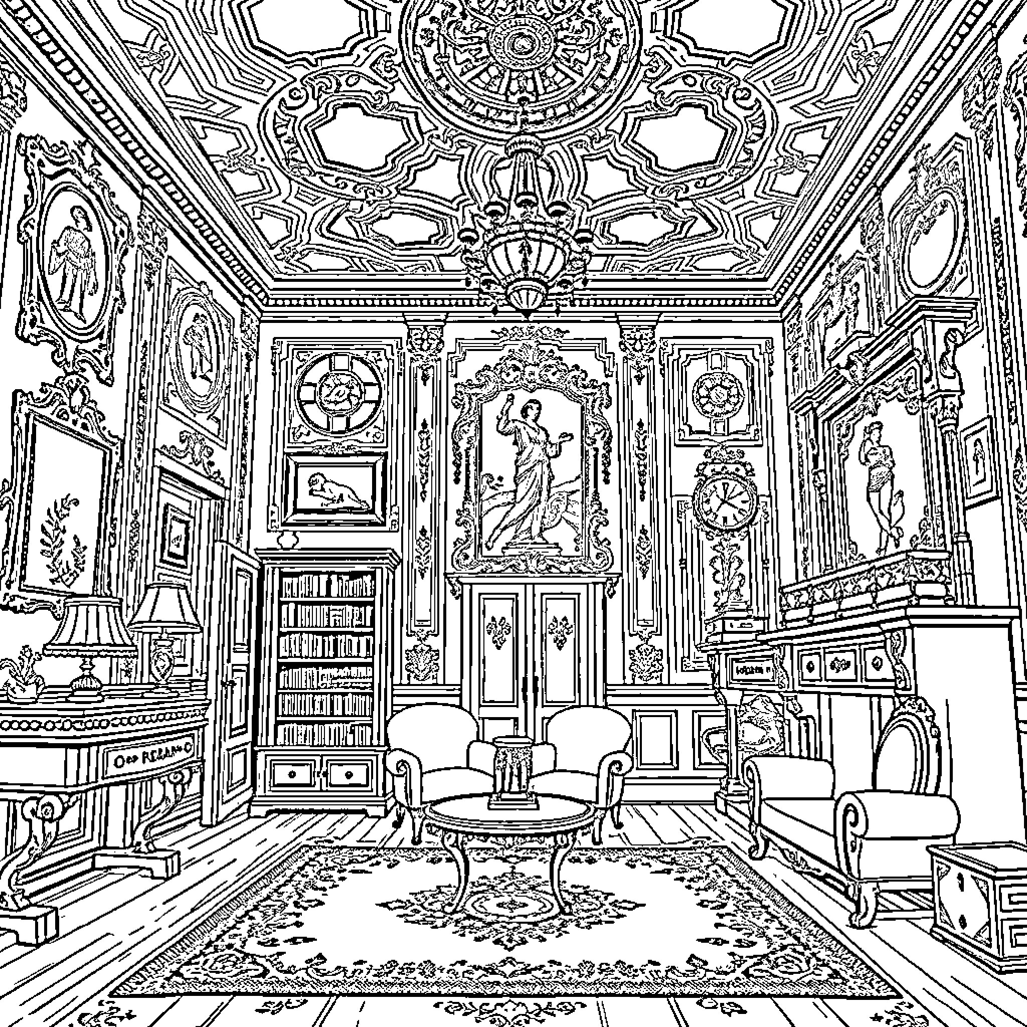 Apartment with Ornate Decor and Furnishings Coloring Page (free black-and-white line drawing printable PDF for all, from beginners to advanced learners, including children, teens, adults, and seniors)