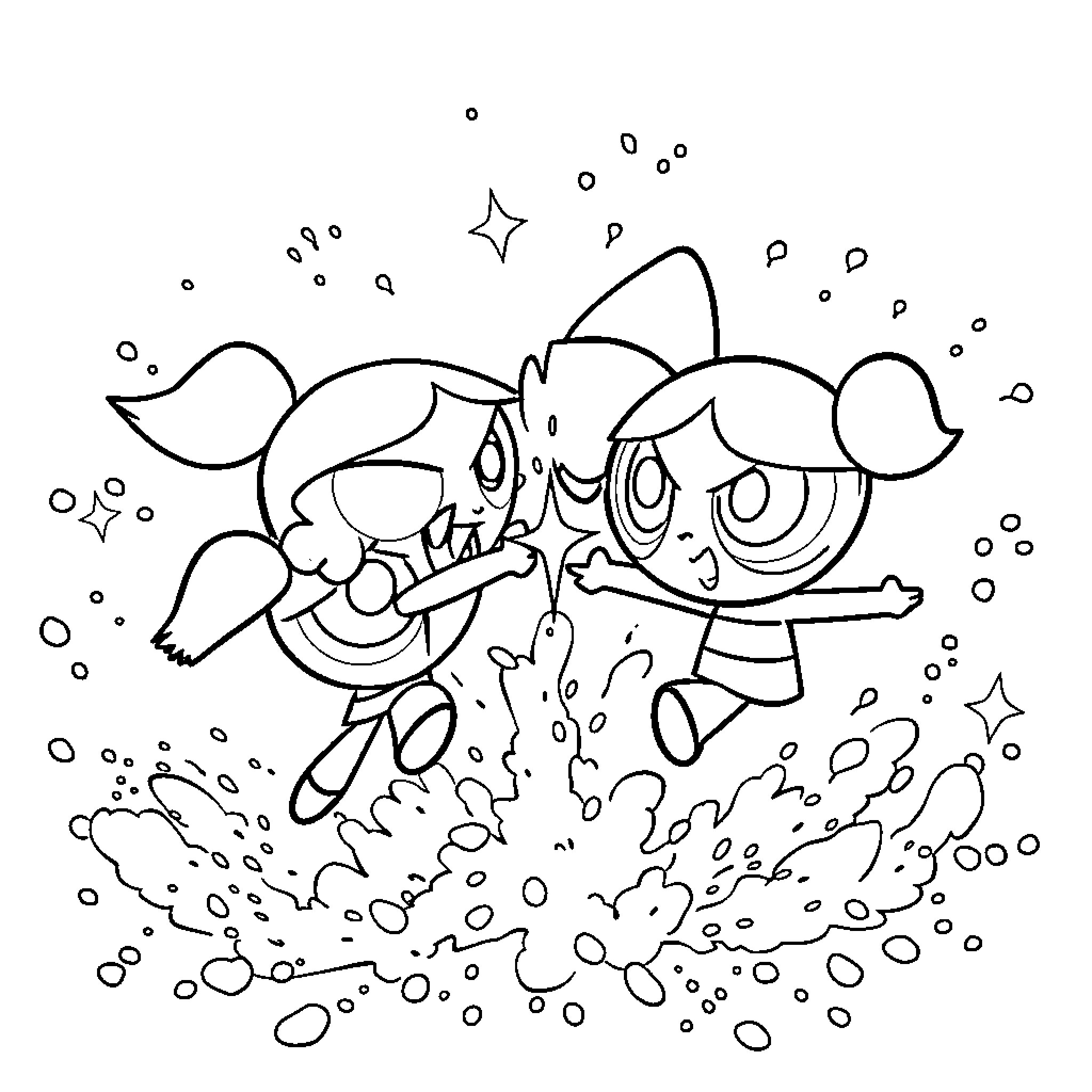 Powerpuff Girls playing energetically in the water Coloring Page (free black-and-white line drawing printable PDF for all, from beginners to advanced learners, including children, teens, adults, and seniors)