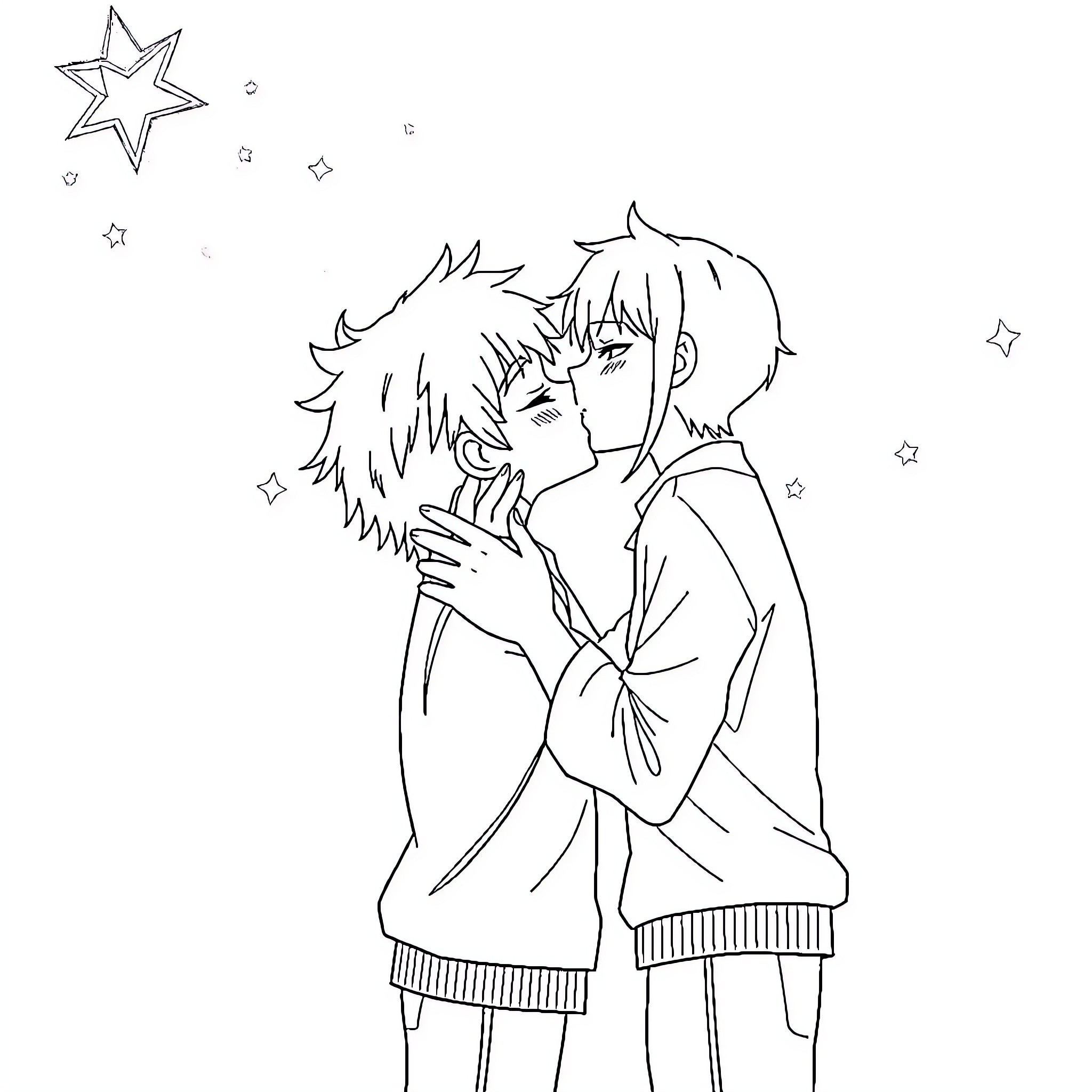 Deku and Katsuki embracing in a starry night Coloring Page (free black-and-white line drawing printable PDF for all, from beginners to advanced learners, including children, teens, adults, and seniors)