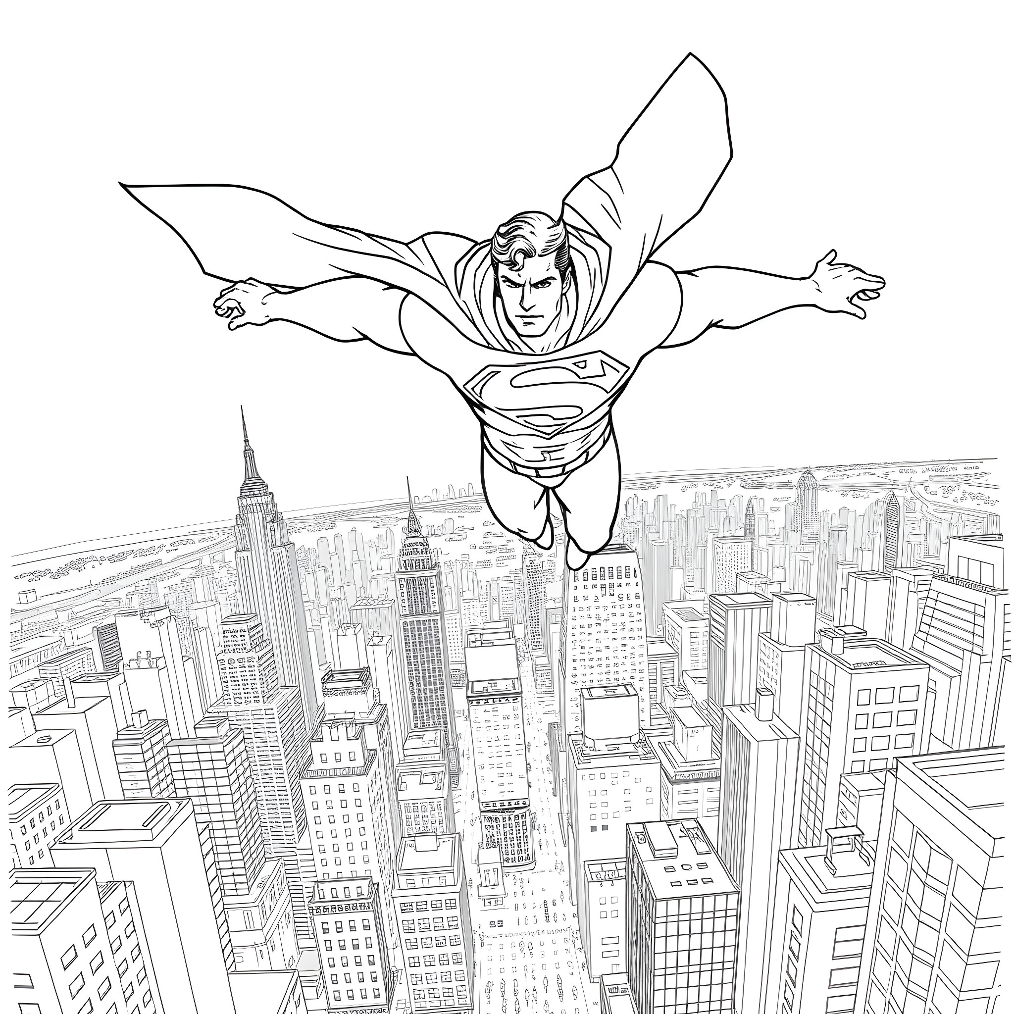 Superman soaring heroically over a bustling cityscape Coloring Page (free black-and-white line drawing printable PDF for all, from beginners to advanced learners, including children, teens, adults, and seniors)