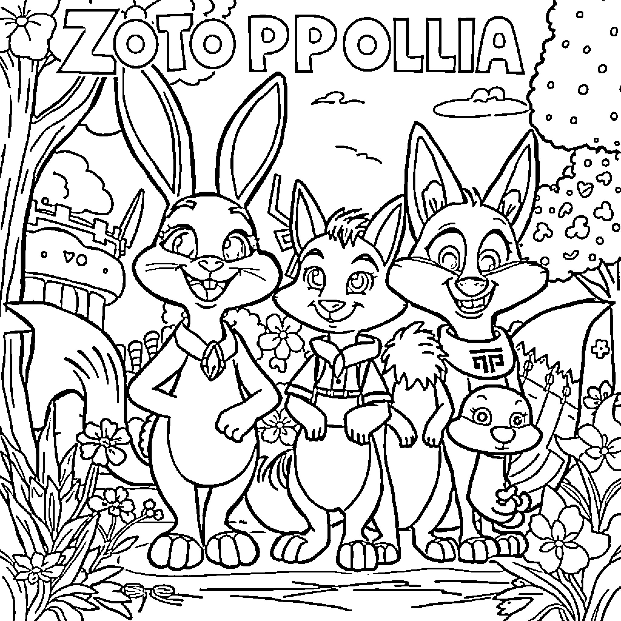 Zootropolis: Cheerful animals in a whimsical scene Coloring Page (free black-and-white line drawing printable PDF for all, from beginners to advanced learners, including children, teens, adults, and seniors)
