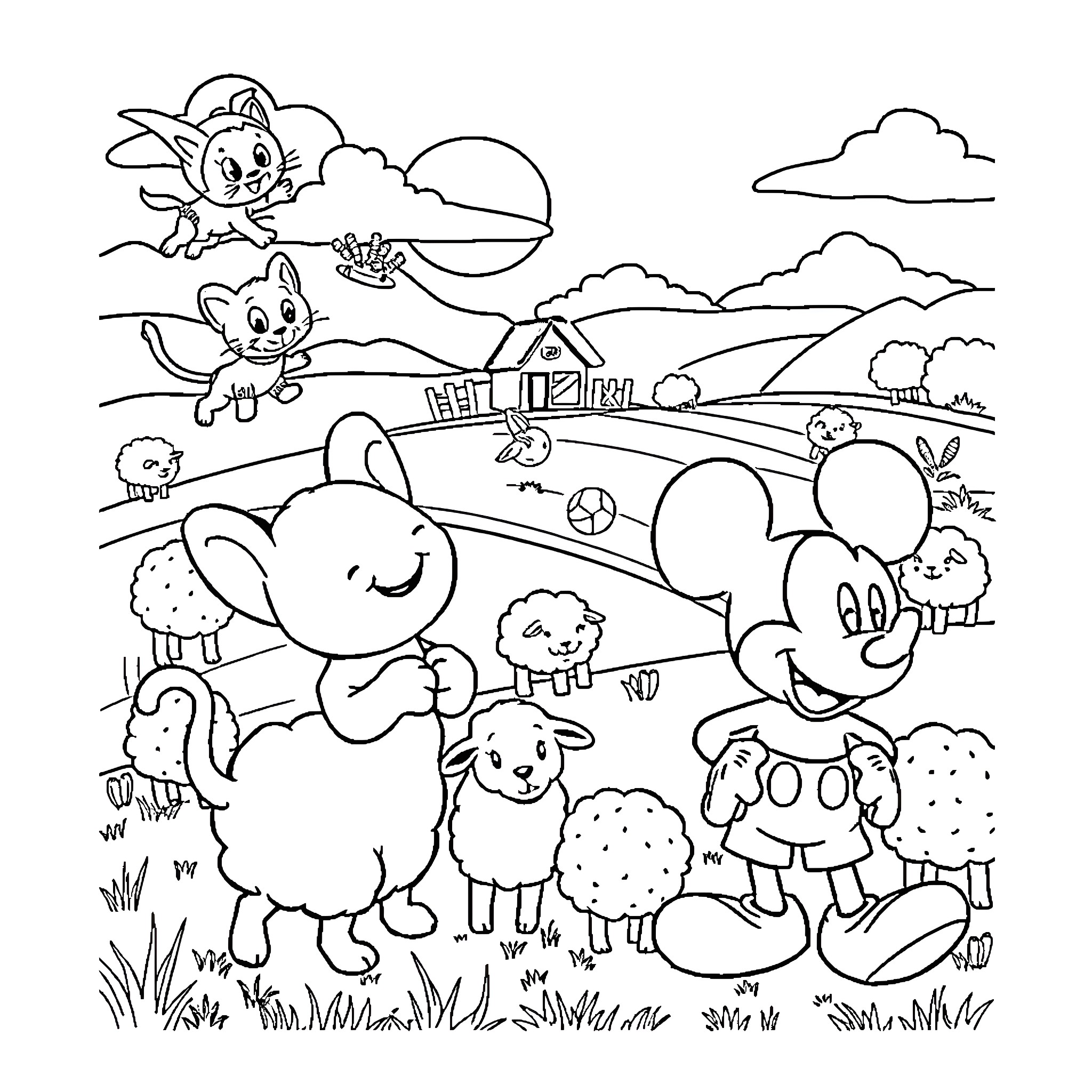 Character playing with farm animals in countryside scene Coloring Page (free black-and-white line drawing printable PDF for all, from beginners to advanced learners, including children, teens, adults, and seniors)