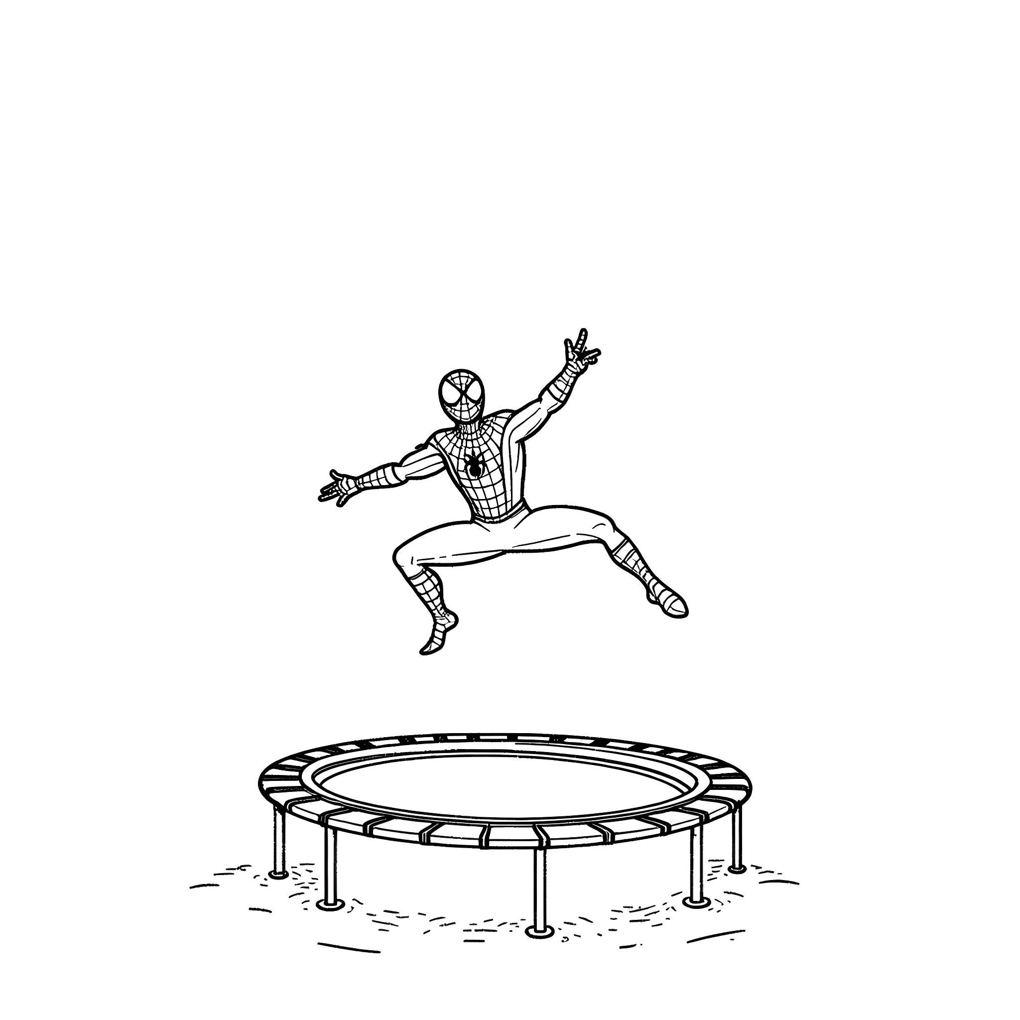Spiderman leaping on a trampoline Coloring Page (free black-and-white line drawing printable PDF for all, from beginners to advanced learners, including children, teens, adults, and seniors)