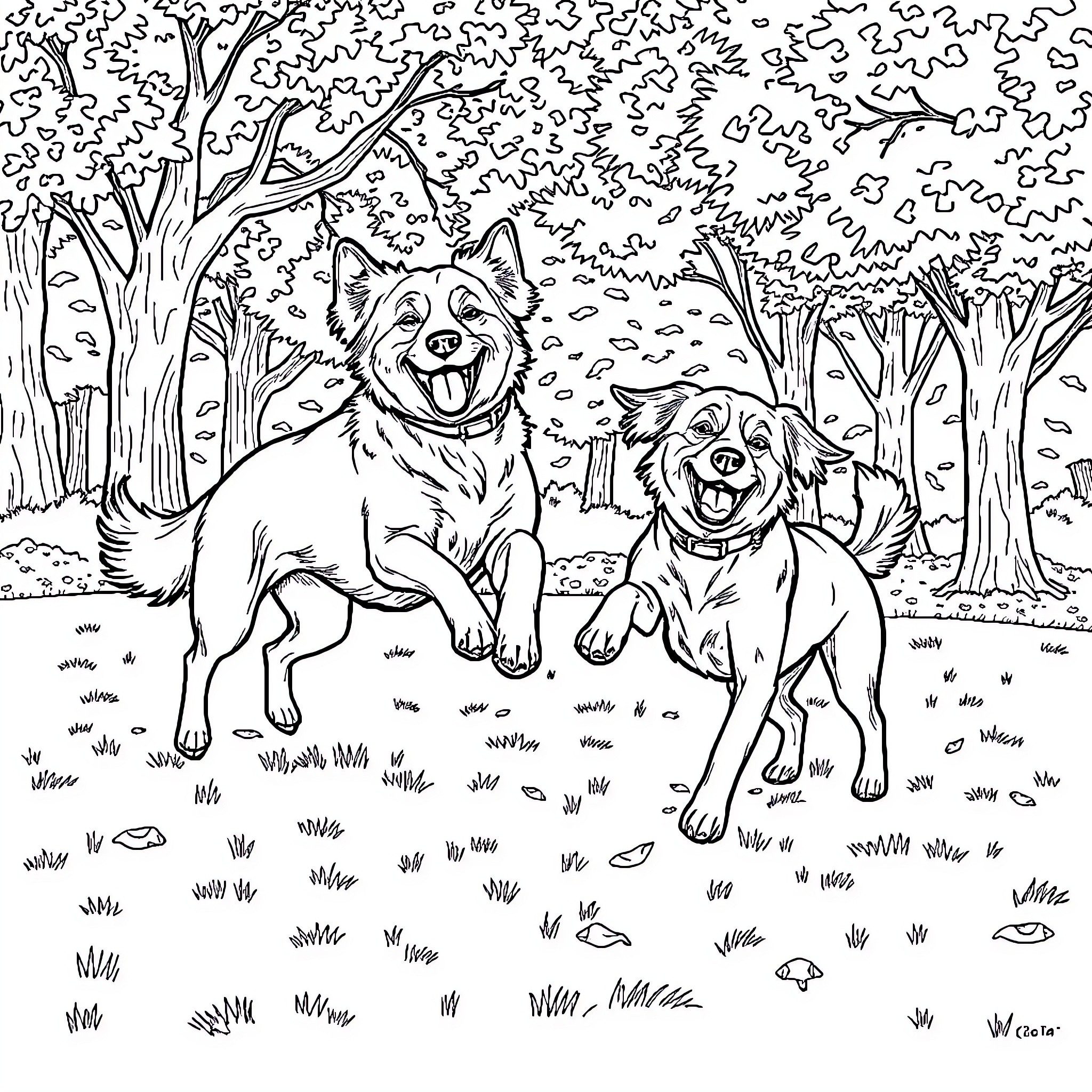 Dogs playing joyfully in the forest Coloring Page (free black-and-white line drawing printable PDF for all, from beginners to advanced learners, including children, teens, adults, and seniors)