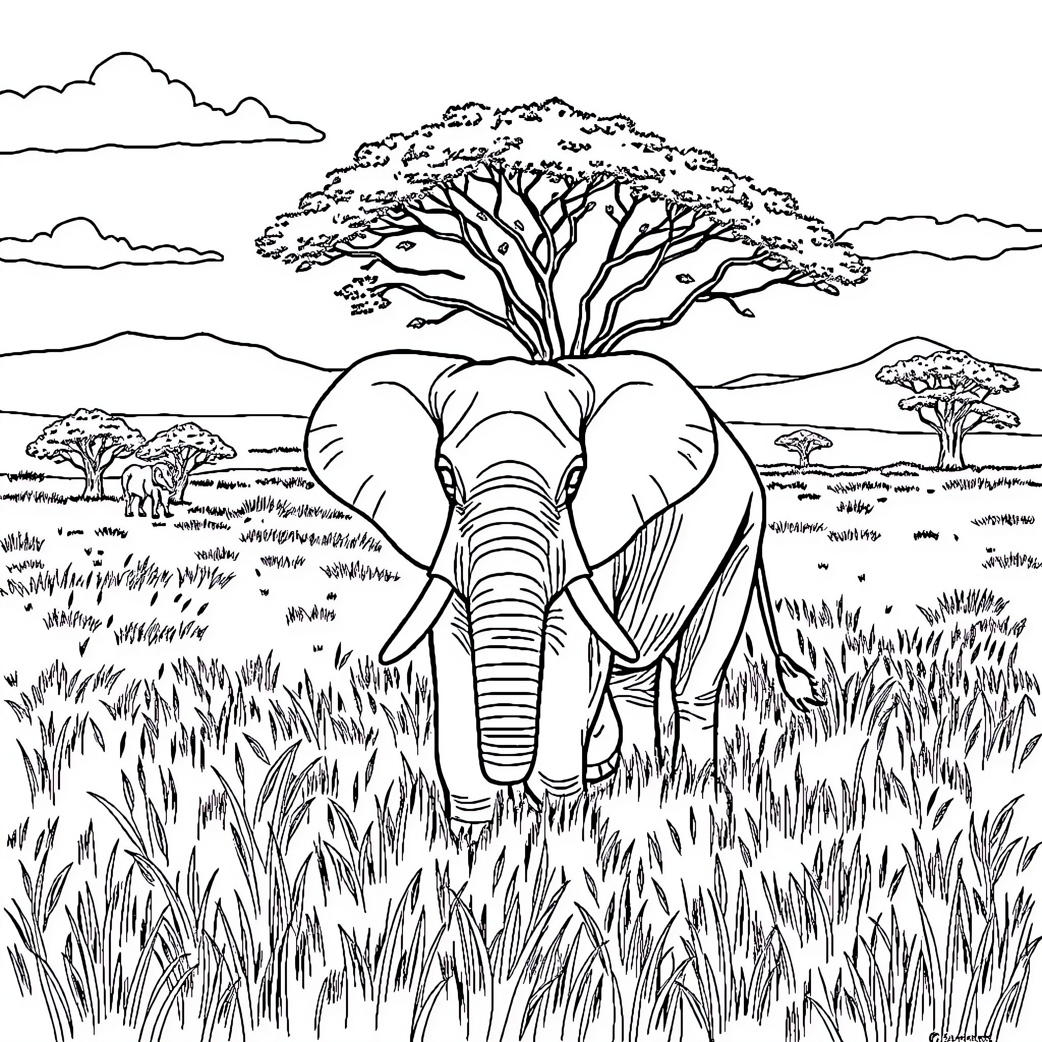 Elephant Roaming in the Serene African Savanna Coloring Page (free black-and-white line drawing printable PDF for all, from beginners to advanced learners, including children, teens, adults, and seniors)