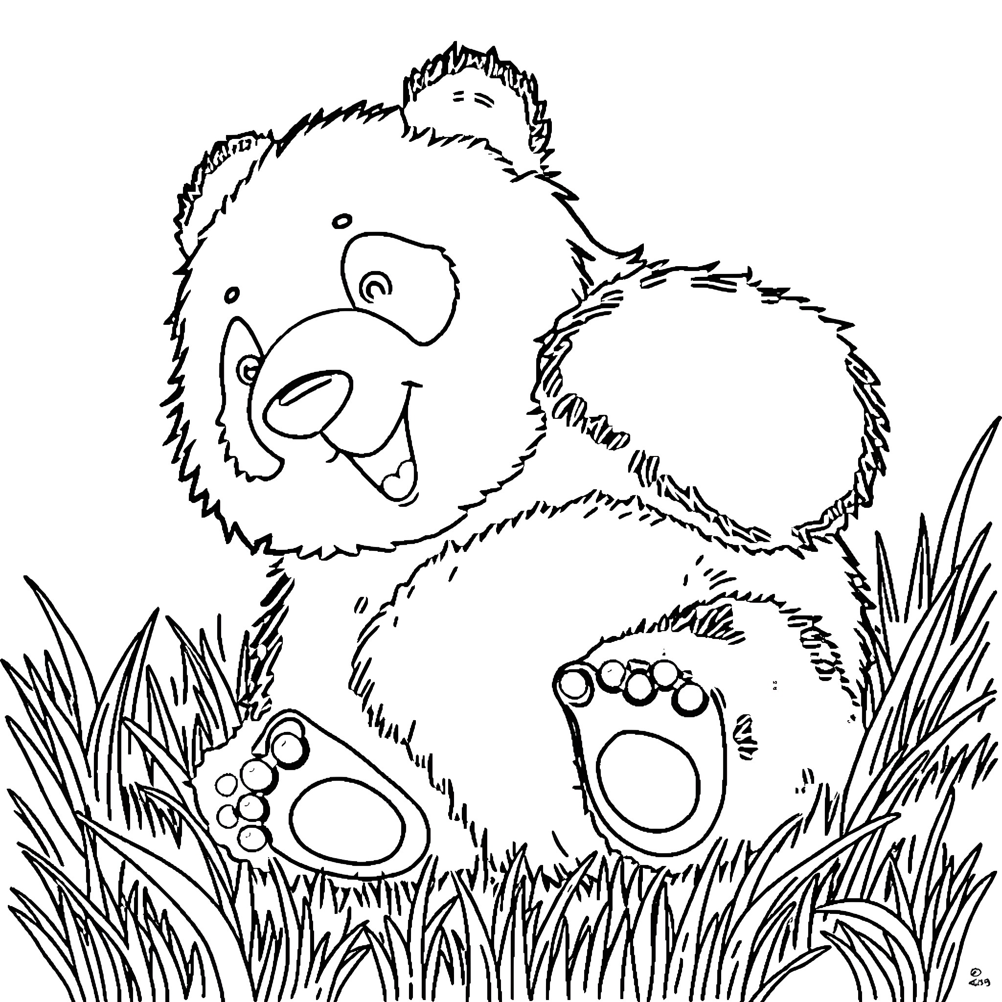 Panda playing joyfully in the grass Coloring Page (free black-and-white line drawing printable PDF for all, from beginners to advanced learners, including children, teens, adults, and seniors)
