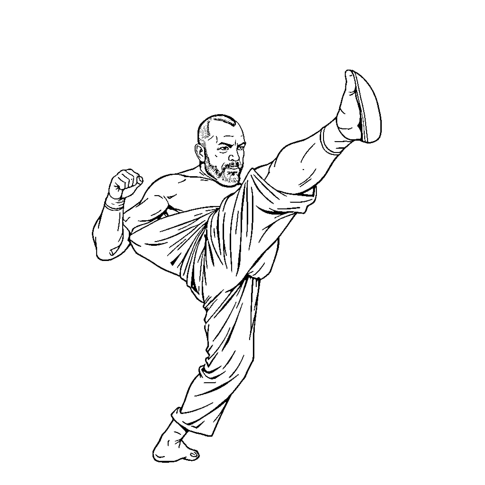 Joe Rogan in a dynamic martial arts pose Coloring Page (free black-and-white line drawing printable PDF for all, from beginners to advanced learners, including children, teens, adults, and seniors)
