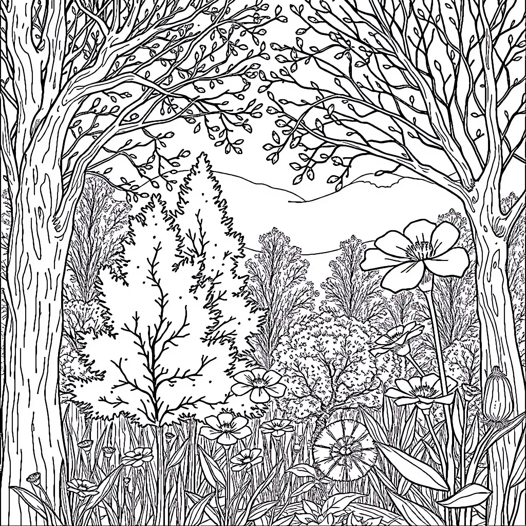 Nature's Whimsical Garden Retreat Coloring Page (free black-and-white line drawing printable PDF for all, from beginners to advanced learners, including children, teens, adults, and seniors)