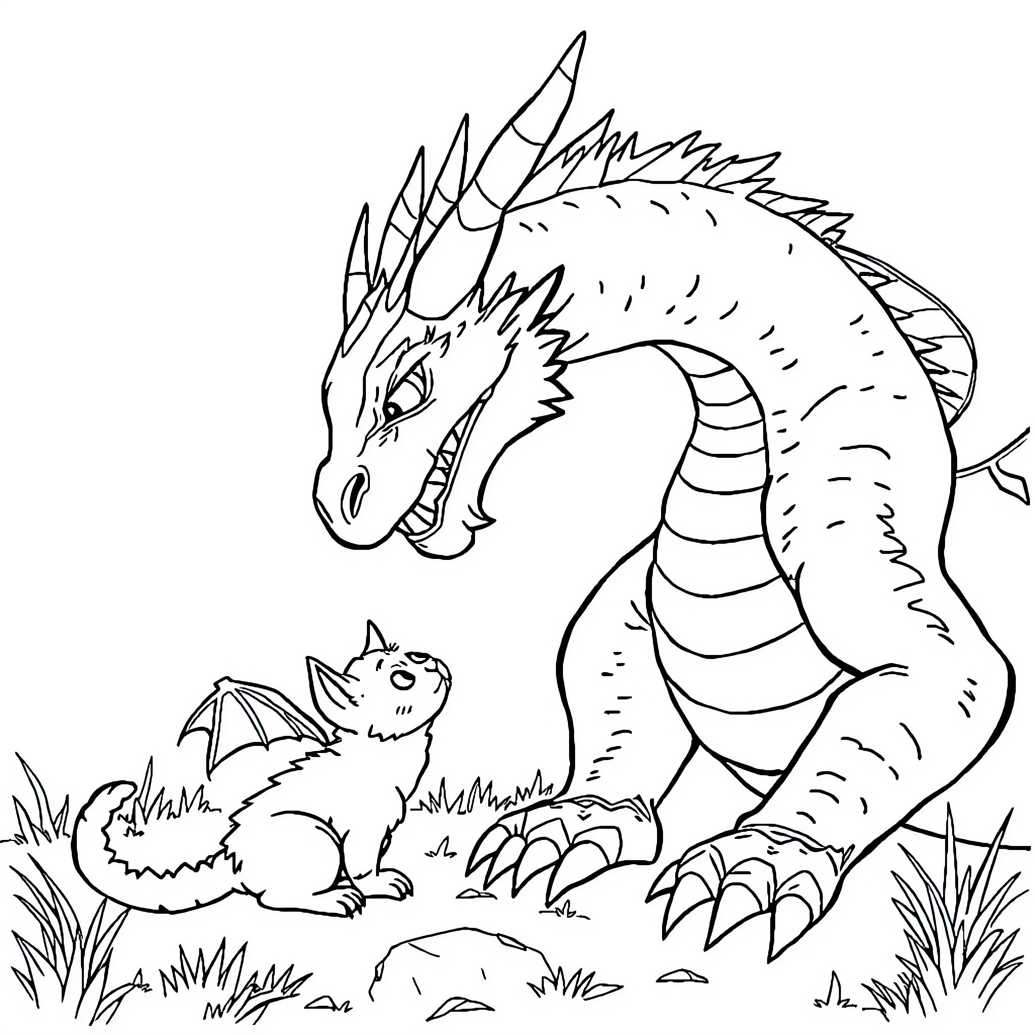 Dragon and Baby Dragon in Enchanted Forest Coloring Page (free black-and-white line drawing printable PDF for all, from beginners to advanced learners, including children, teens, adults, and seniors)