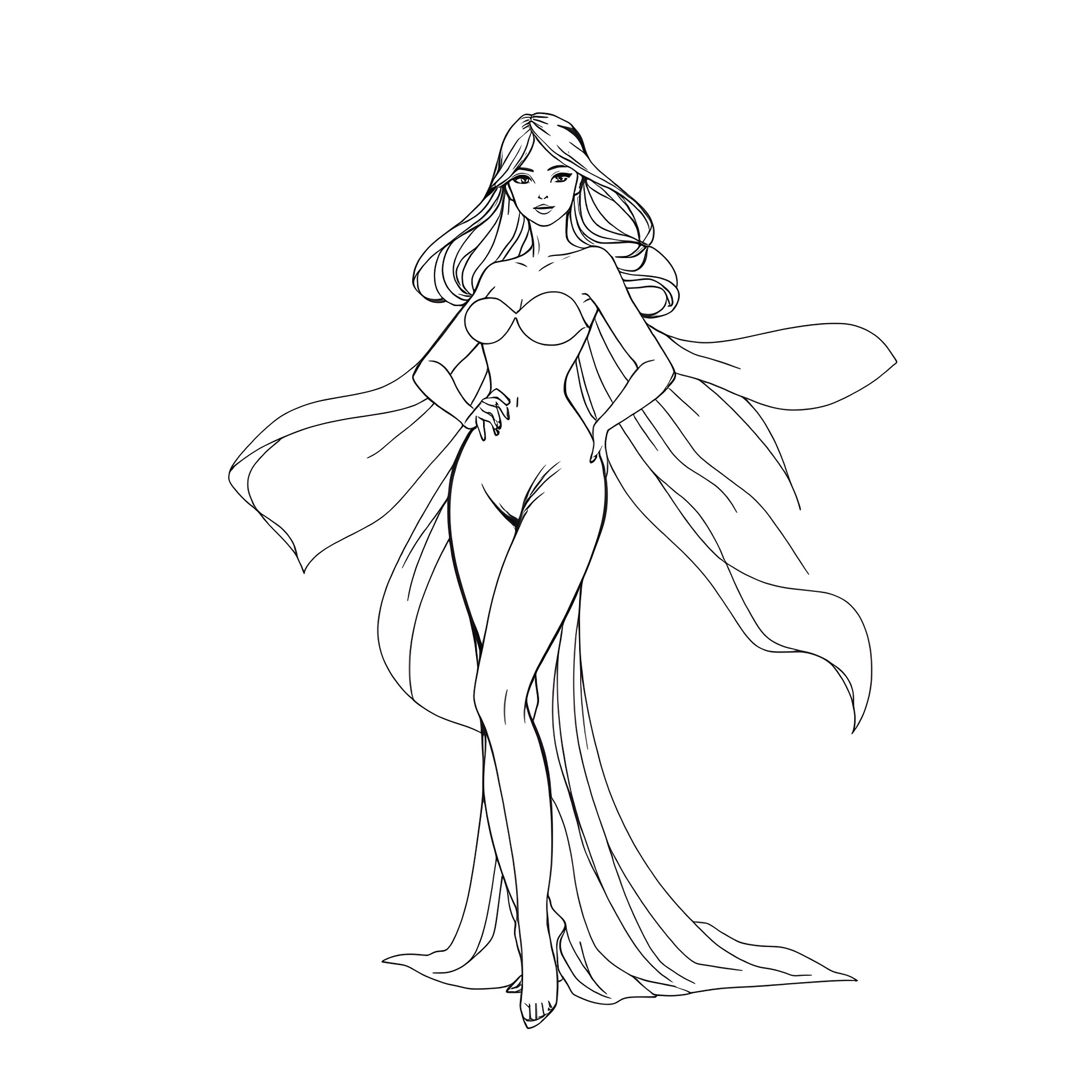 Female Elegant Mermaid Posing in Long Dress Coloring Page (free black-and-white line drawing printable PDF for all, from beginners to advanced learners, including children, teens, adults, and seniors)