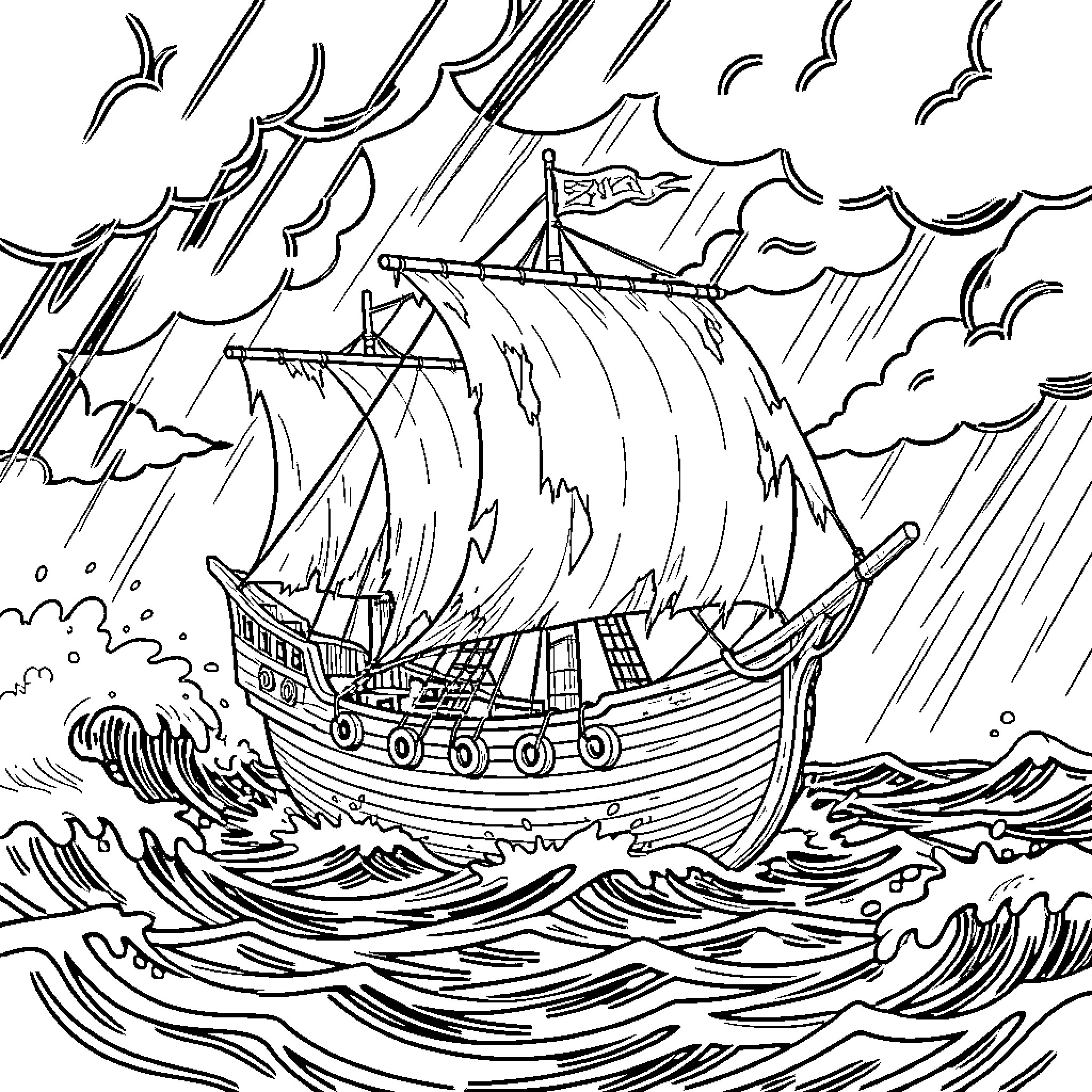 Ship sailing through stormy seas Coloring Page (free black-and-white line drawing printable PDF for all, from beginners to advanced learners, including children, teens, adults, and seniors)