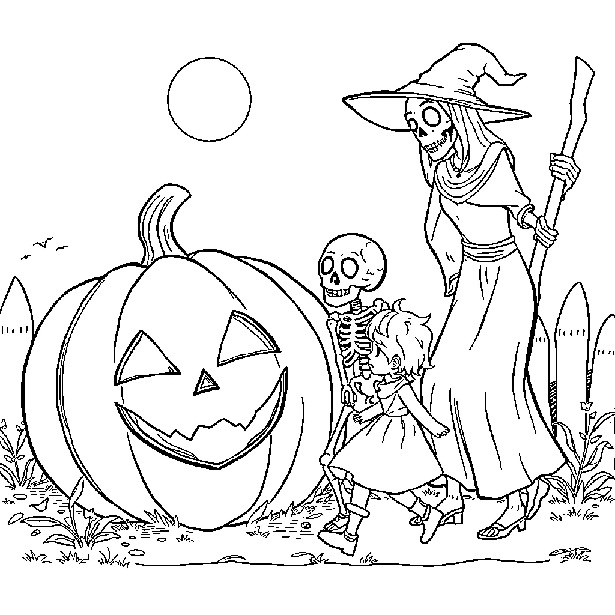 Pumpkin-shaped scarecrow and skeleton trick-or-treating Coloring Page (free black-and-white line drawing printable PDF for all, from beginners to advanced learners, including children, teens, adults, and seniors)