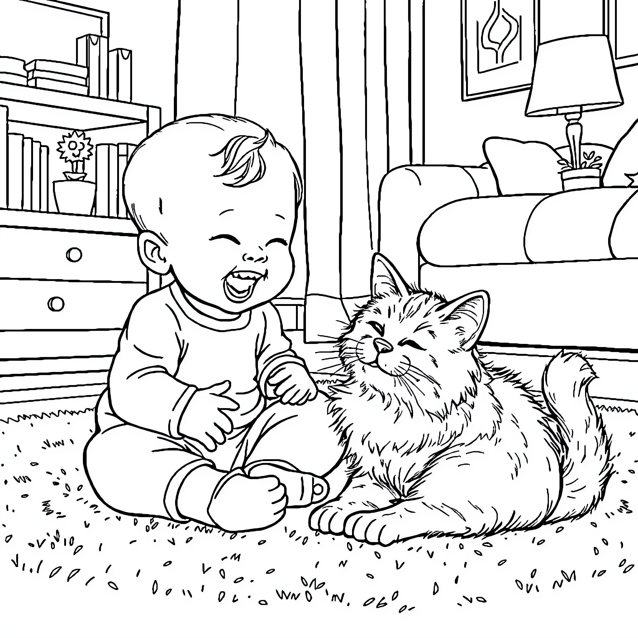 Baby playing happily with a pet cat Coloring Page (free black-and-white line drawing printable PDF for all, from beginners to advanced learners, including children, teens, adults, and seniors)