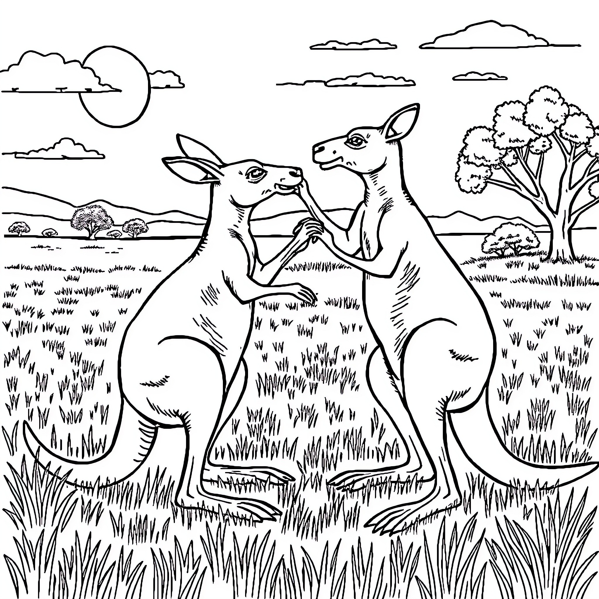 Kangaroos playing in a grassy field under the moon Coloring Page (free black-and-white line drawing printable PDF for all, from beginners to advanced learners, including children, teens, adults, and seniors)