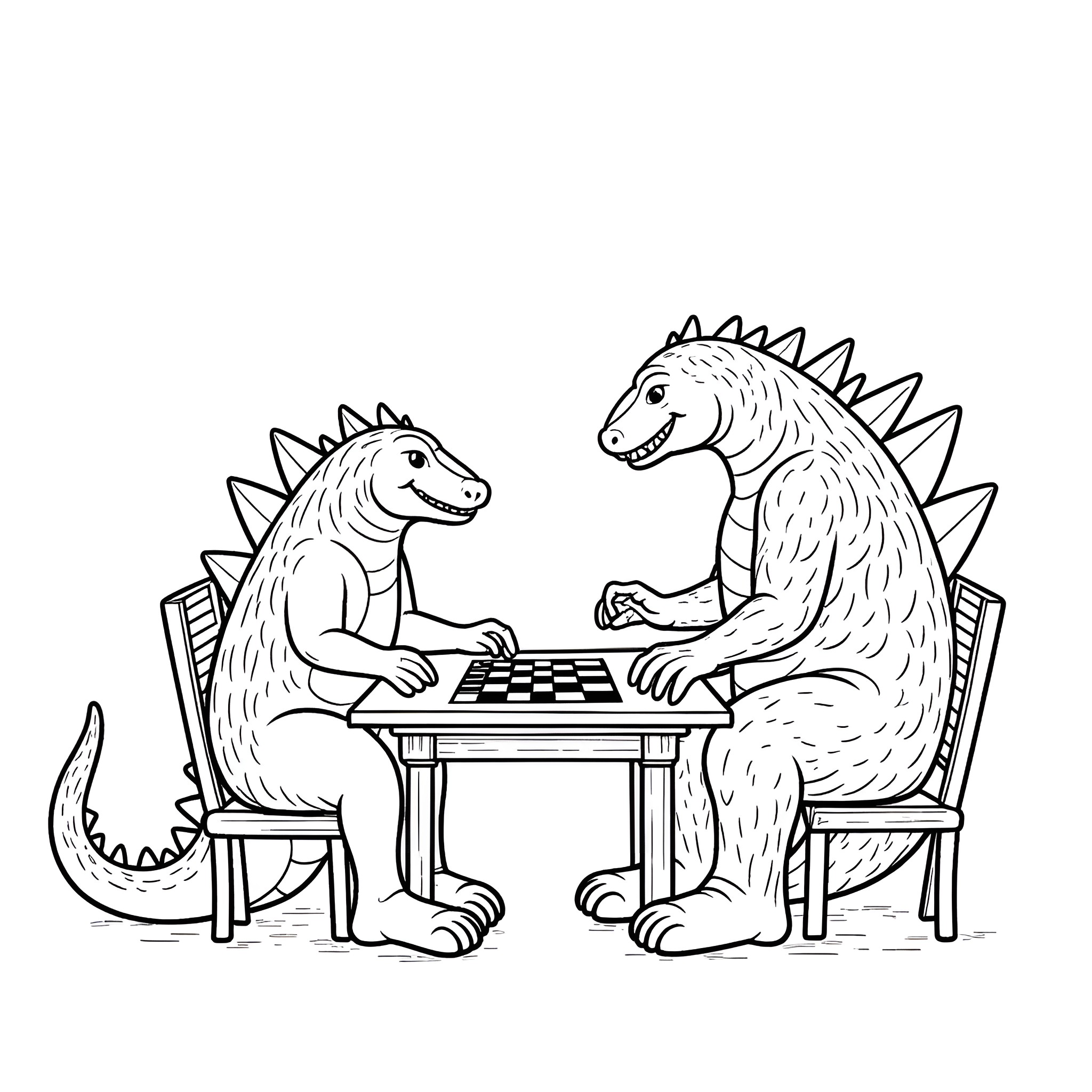 Godzilla monsters playing chess on a table Coloring Page (free black-and-white line drawing printable PDF for all, from beginners to advanced learners, including children, teens, adults, and seniors)