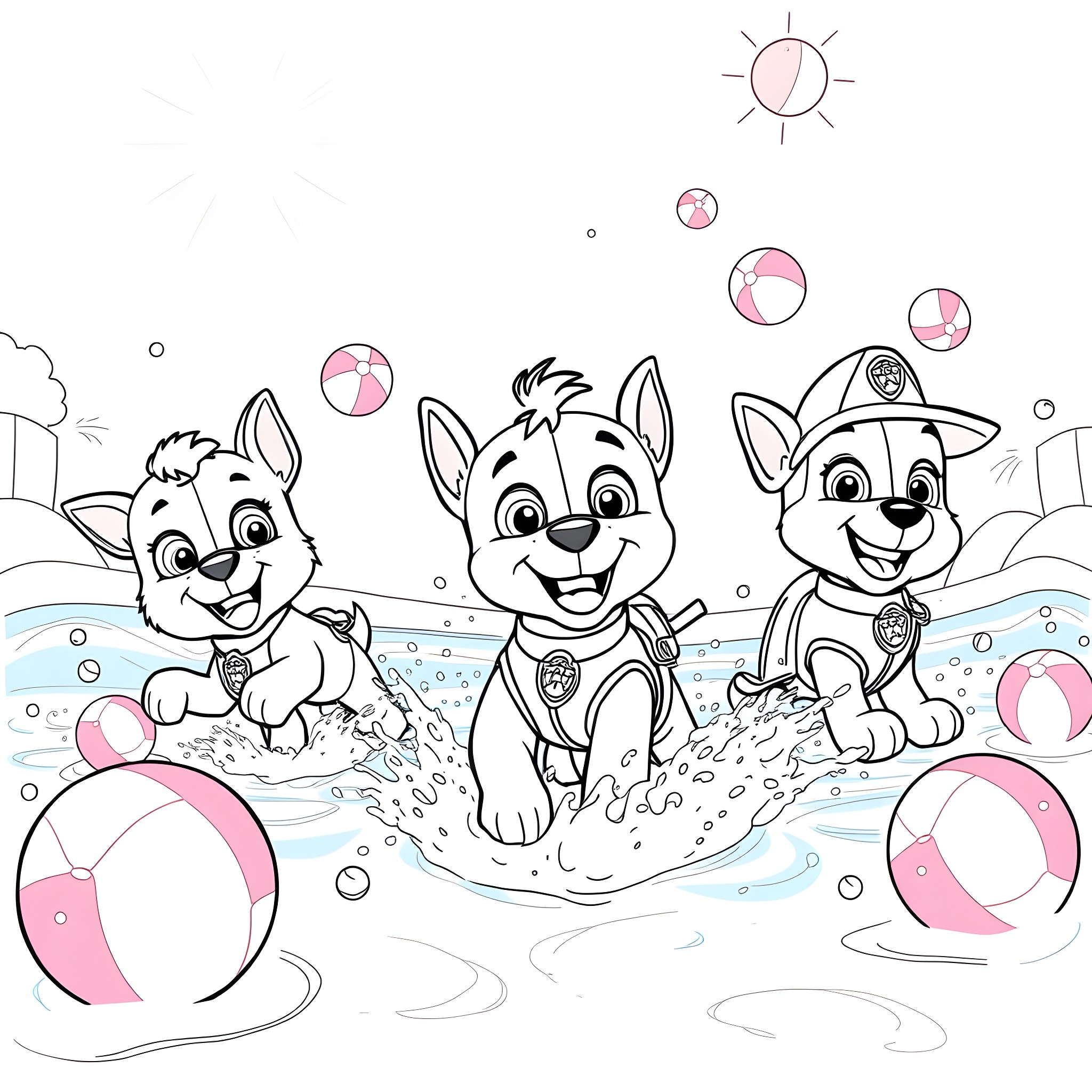 Paw Patrol Pups Playing in the Surf Coloring Page (free black-and-white line drawing printable PDF for all, from beginners to advanced learners, including children, teens, adults, and seniors)