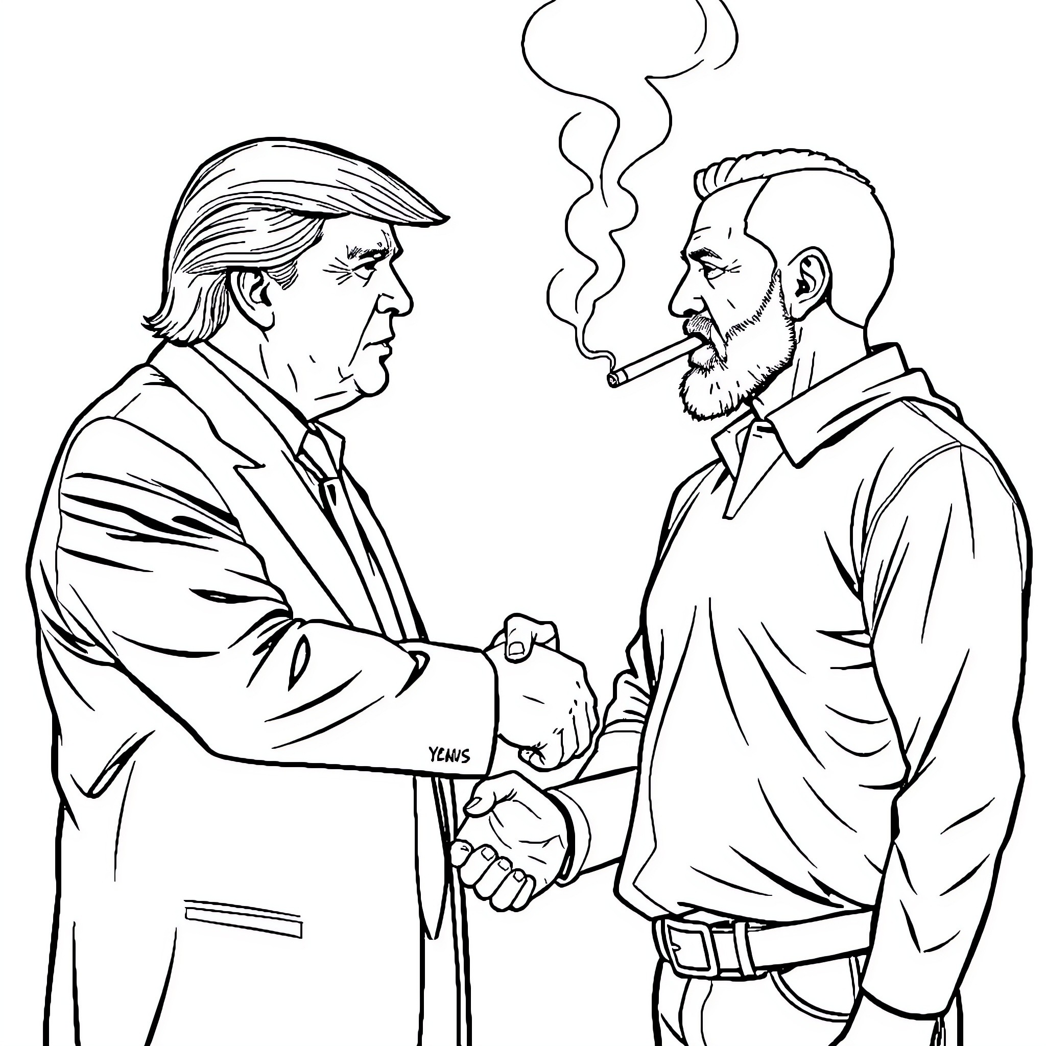 Trump and bearded man shake hands amid smoke Coloring Page (free black-and-white line drawing printable PDF for all, from beginners to advanced learners, including children, teens, adults, and seniors)