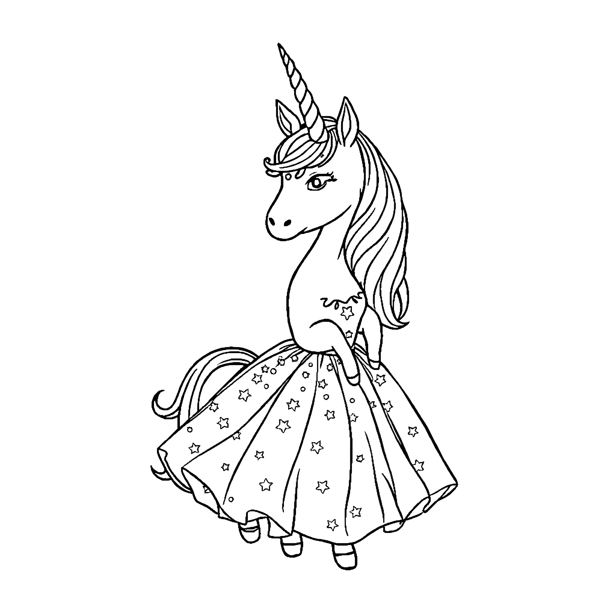 Unicorn wearing a festive star-patterned dress Coloring Page (free black-and-white line drawing printable PDF for all, from beginners to advanced learners, including children, teens, adults, and seniors)