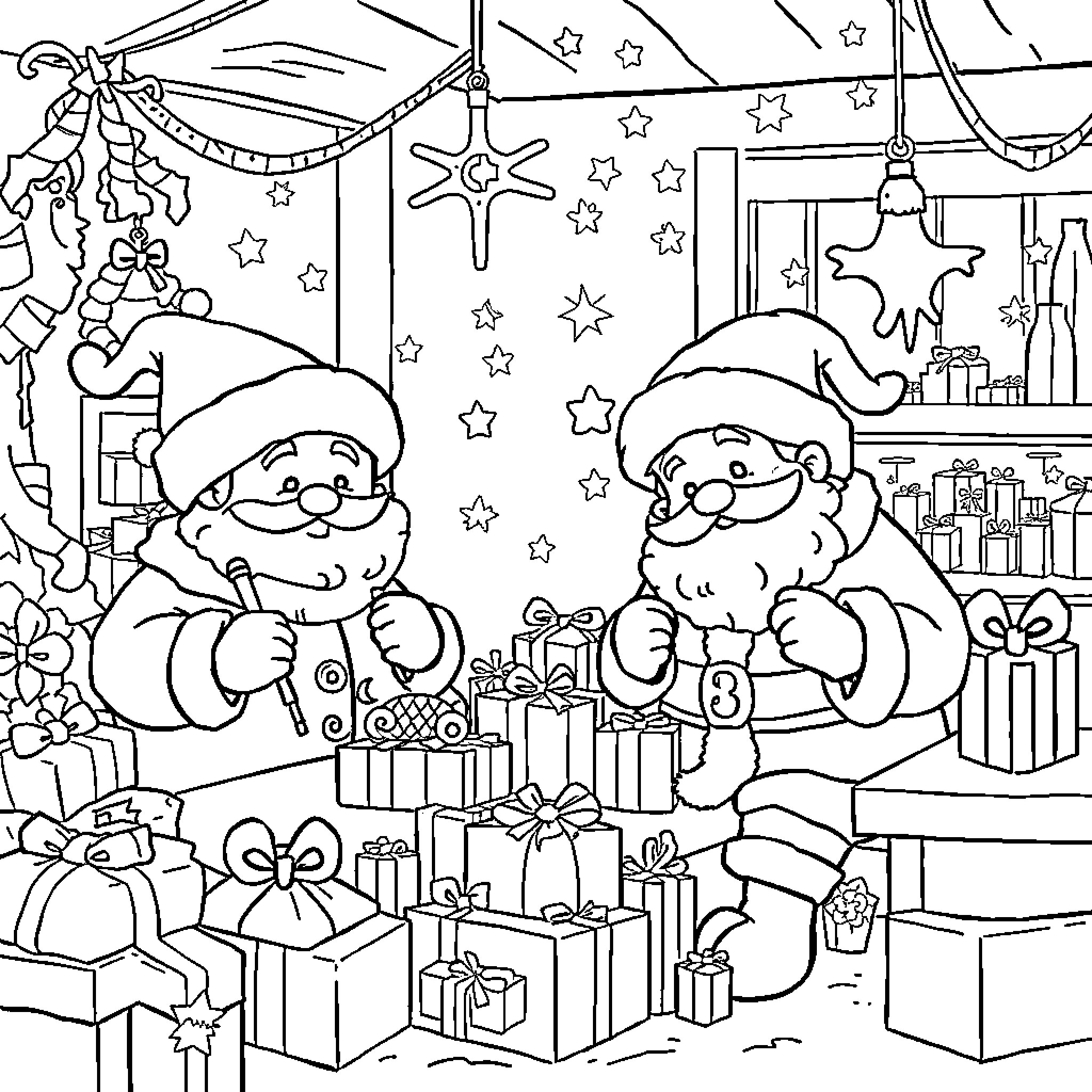 Elf Helpers Decorating for the Holidays Coloring Page (free black-and-white line drawing printable PDF for all, from beginners to advanced learners, including children, teens, adults, and seniors)