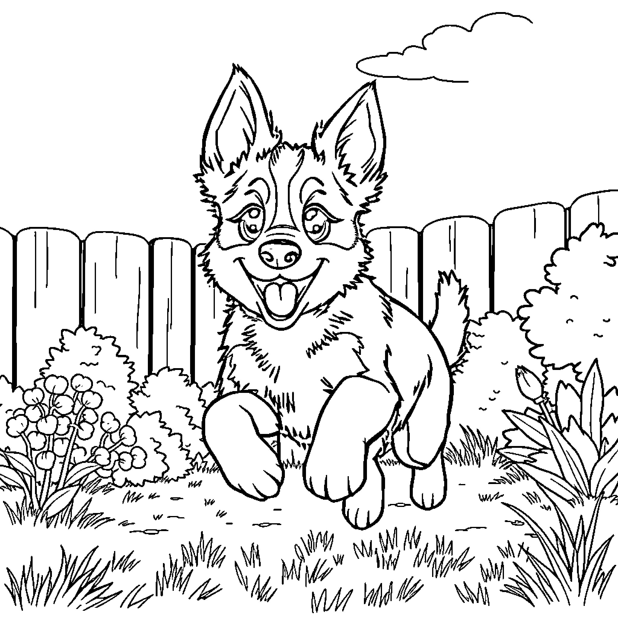 Bluey Playing Happily in the Backyard Coloring Page (free black-and-white line drawing printable PDF for all, from beginners to advanced learners, including children, teens, adults, and seniors)