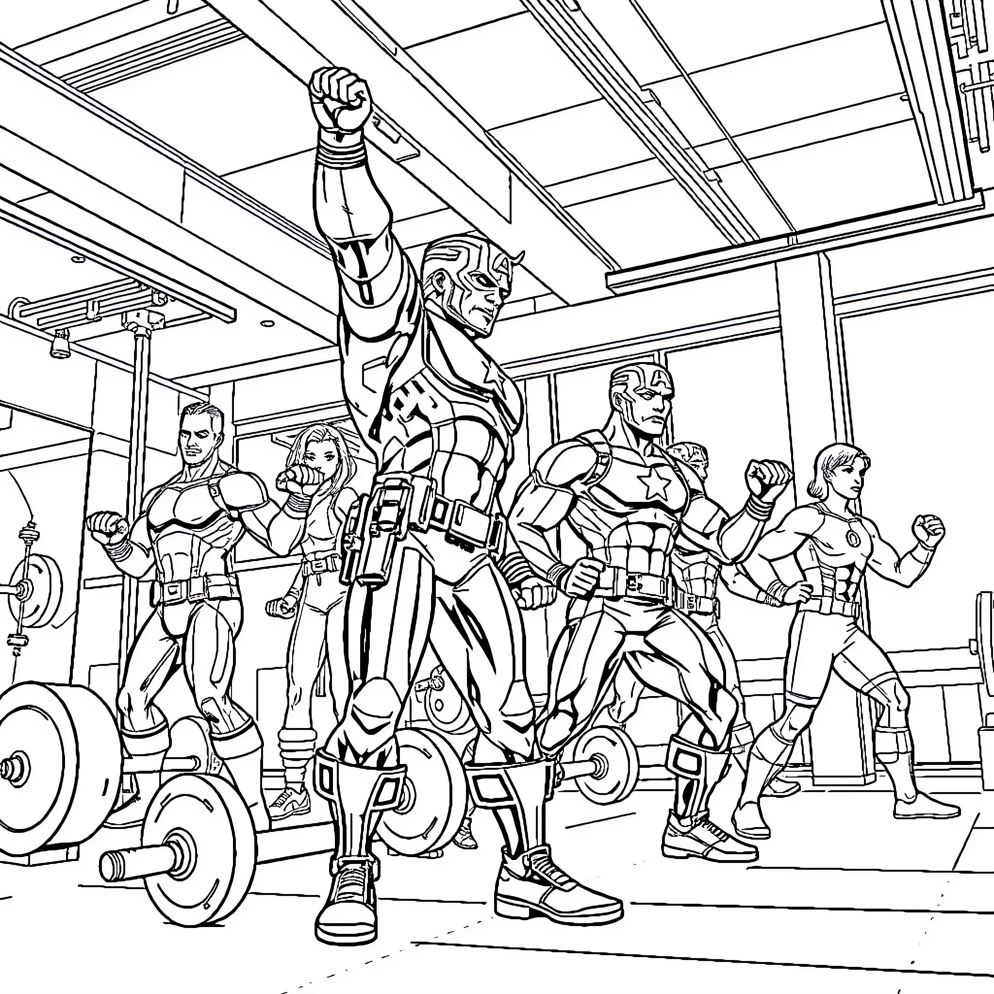 Avengers Assemble for Heroic Workout Coloring Page (free black-and-white line drawing printable PDF for all, from beginners to advanced learners, including children, teens, adults, and seniors)