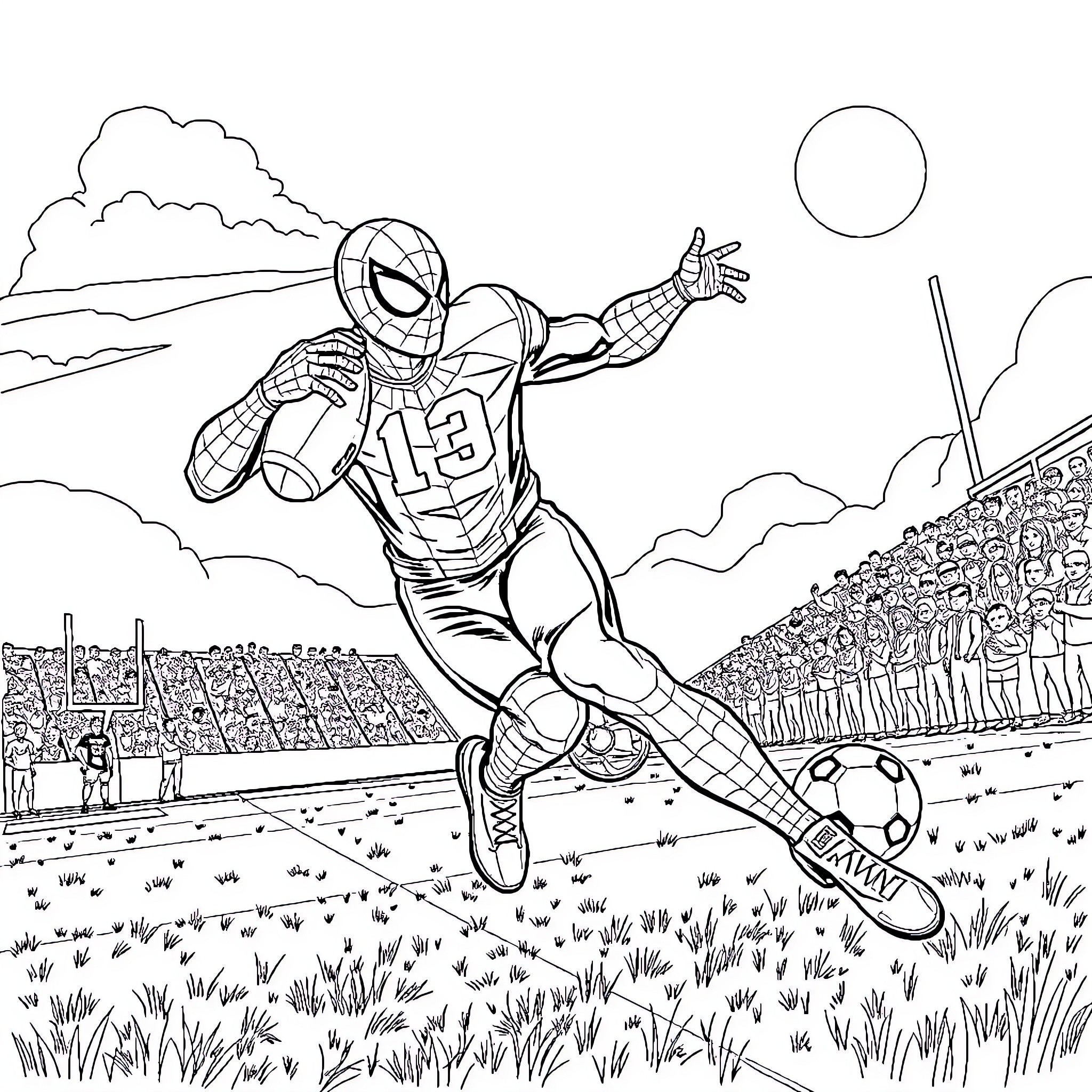 Spider-Man Kicking a Soccer Ball in the Stadium Coloring Page (free black-and-white line drawing printable PDF for all, from beginners to advanced learners, including children, teens, adults, and seniors)