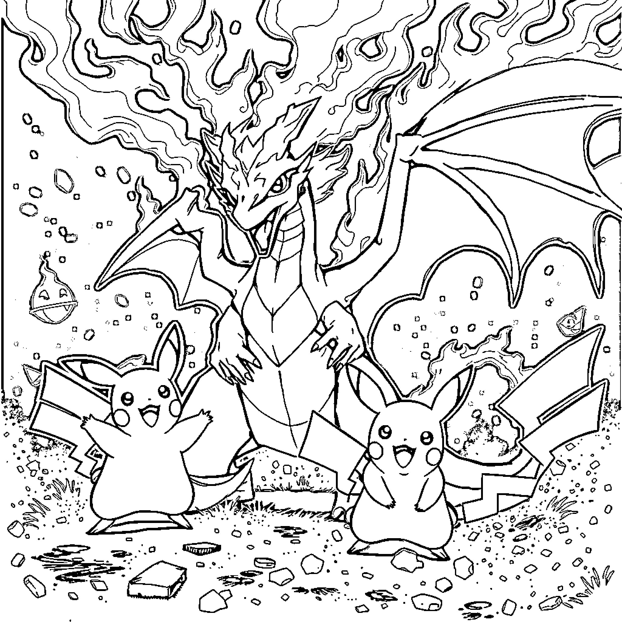 Dracaufeu battling alongside Pikachu and friends Coloring Page (free black-and-white line drawing printable PDF for all, from beginners to advanced learners, including children, teens, adults, and seniors)