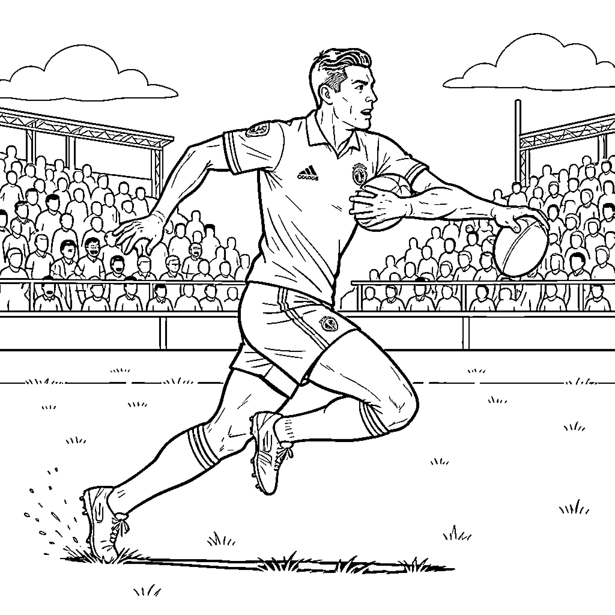 Ronaldo running on the field with determination Coloring Page (free black-and-white line drawing printable PDF for all, from beginners to advanced learners, including children, teens, adults, and seniors)
