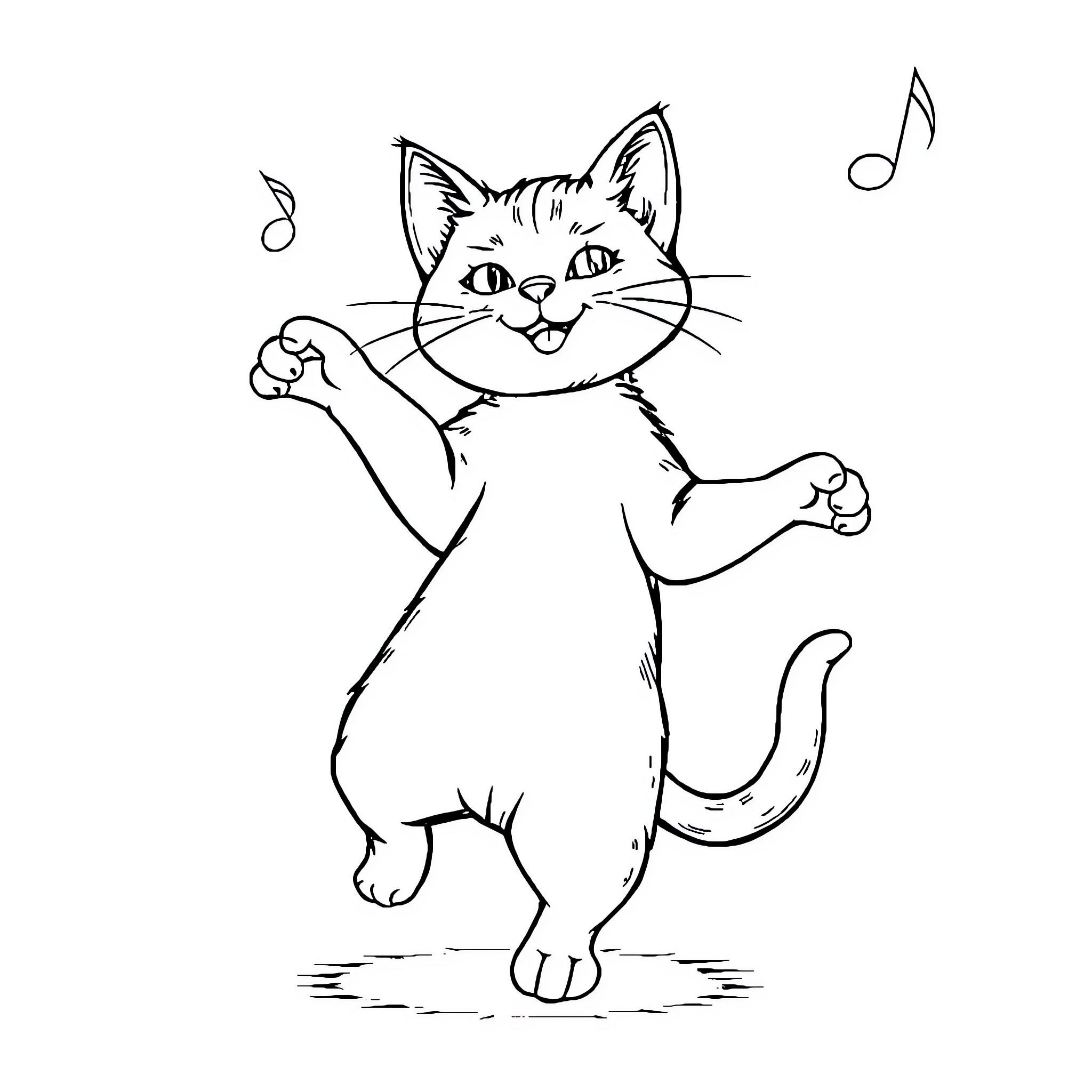Cat singing and dancing joyfully Coloring Page (free black-and-white line drawing printable PDF for all, from beginners to advanced learners, including children, teens, adults, and seniors)