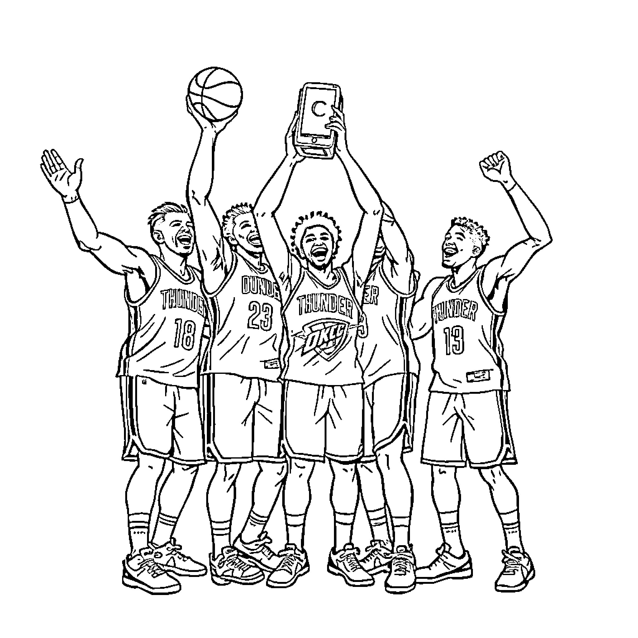 Okc Thunder Players Celebrating Victory on the Court Coloring Page (free black-and-white line drawing printable PDF for all, from beginners to advanced learners, including children, teens, adults, and seniors)