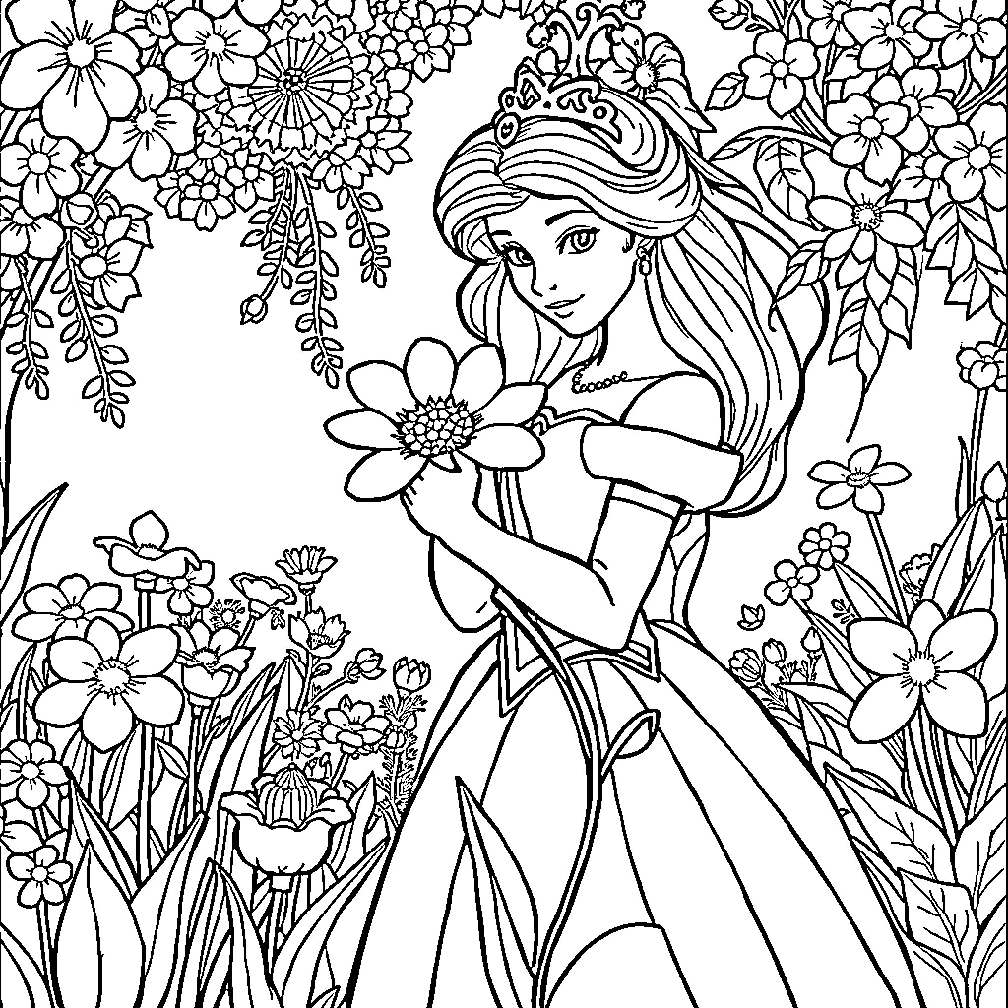 Princess surrounded by beautiful floral garden Coloring Page (free black-and-white line drawing printable PDF for all, from beginners to advanced learners, including children, teens, adults, and seniors)